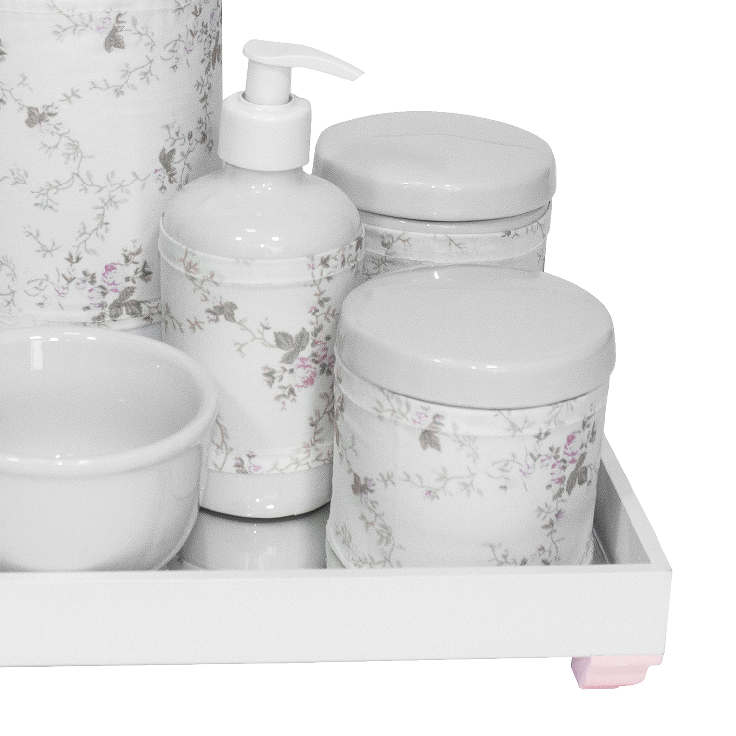Kit Higiene Espelho Completo Porcelanas, Garrafa e Capa Rosa Quarto Bebê Menina