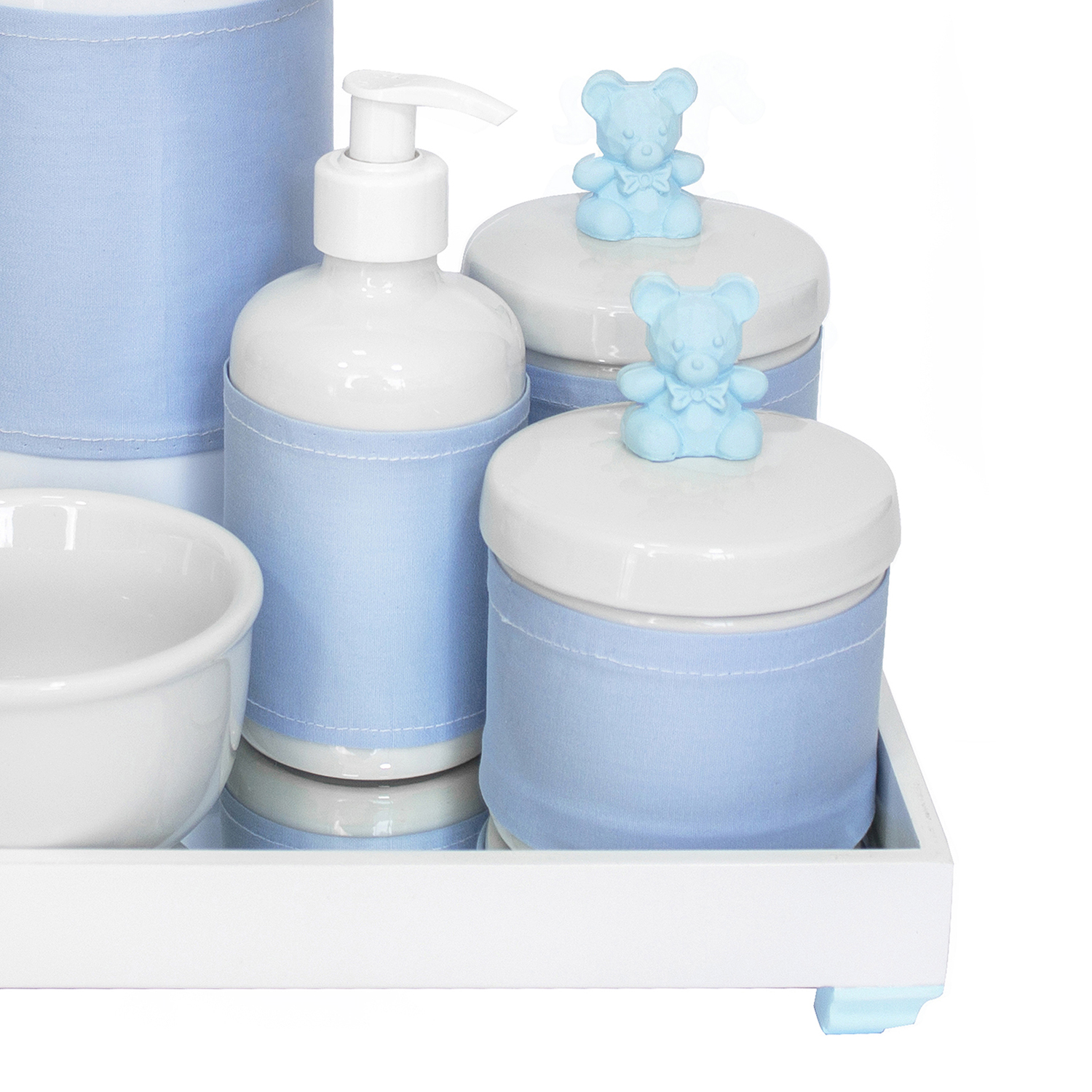 Kit Higiene Espelho Completo Porcelanas, Garrafa e Capa Ursinho Azul Quarto Bebê Menino