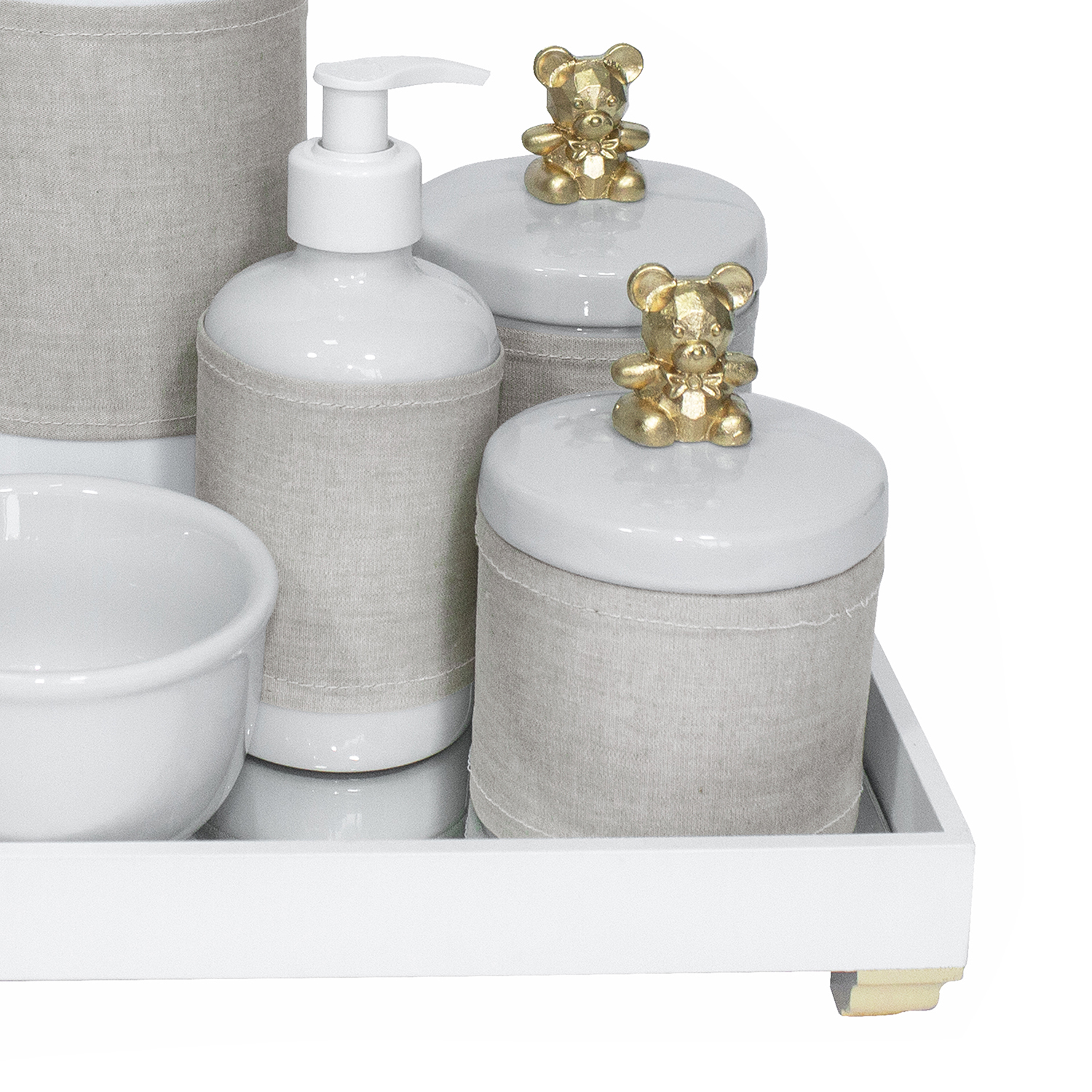 Kit Higiene Espelho Completo Porcelanas, Garrafa e Capa Ursinho Dourado Quarto Bebê Unissex