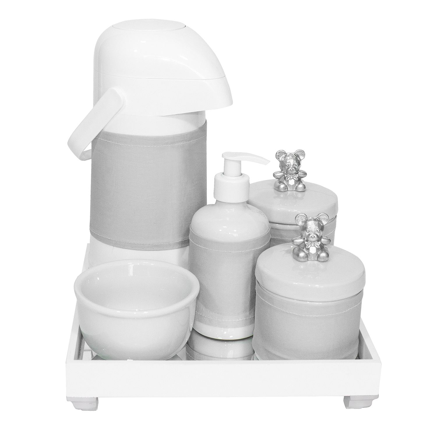 Kit Higiene Espelho Completo Porcelanas, Garrafa e Capa Ursinho Prata Quarto Bebê Unissex