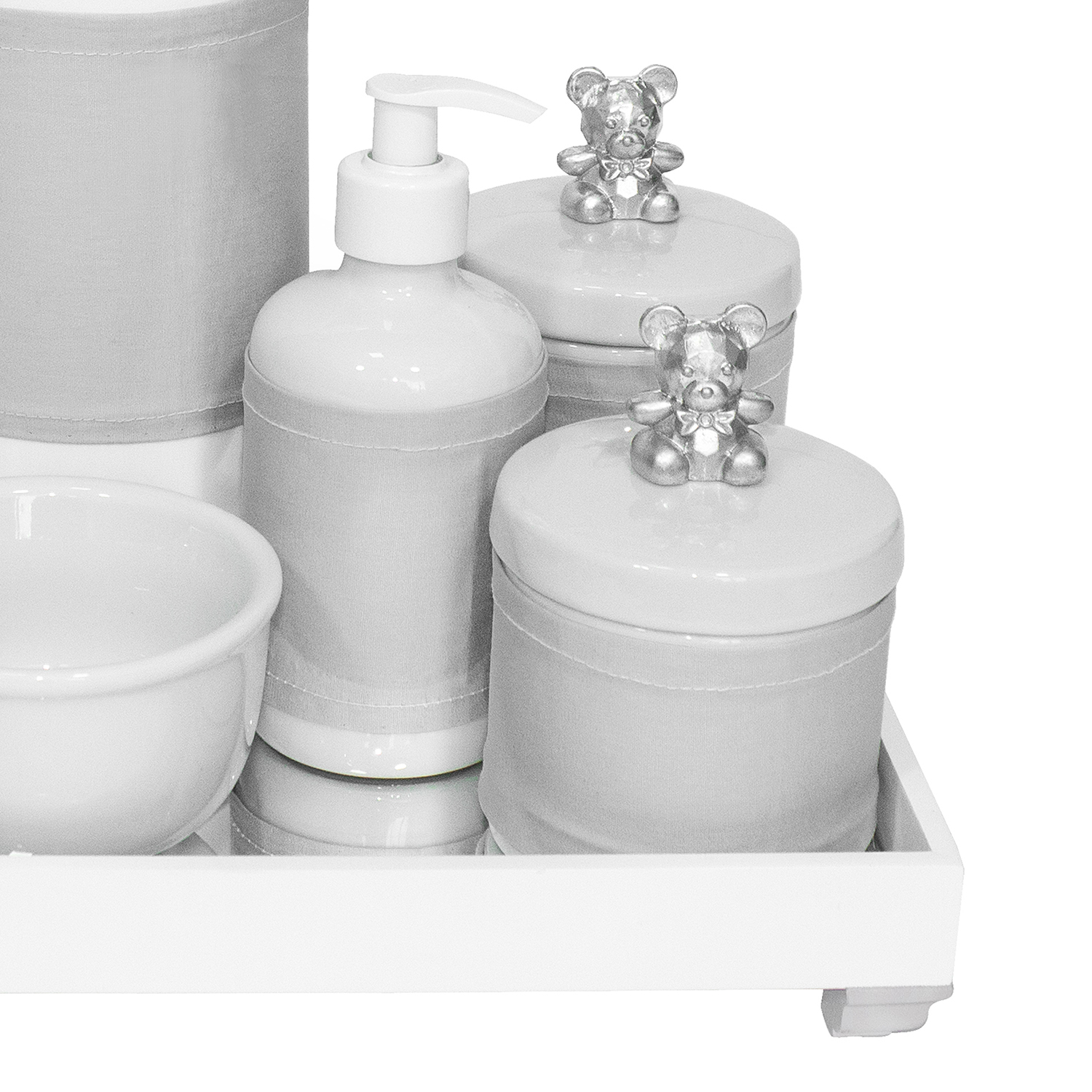 Kit Higiene Espelho Completo Porcelanas, Garrafa e Capa Ursinho Prata Quarto Bebê Unissex