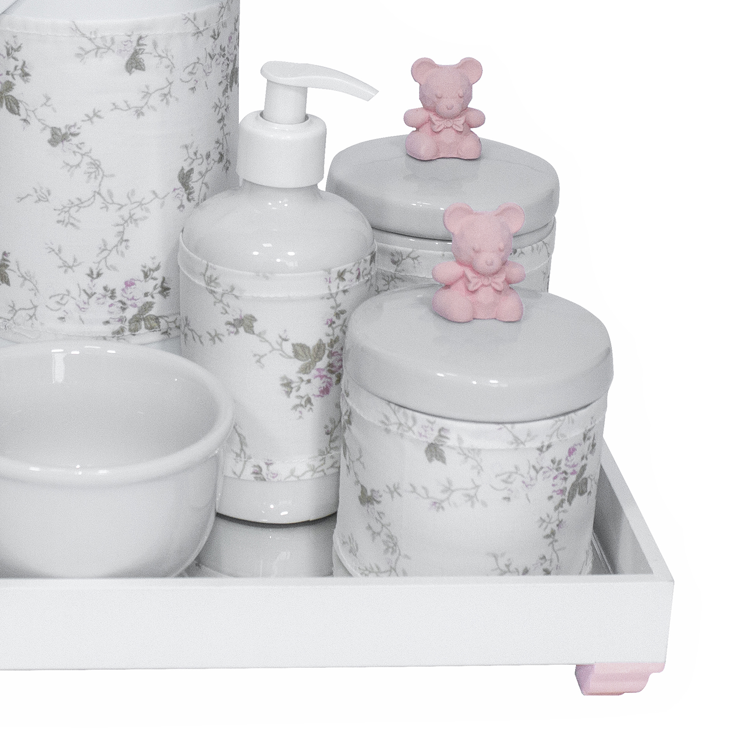 Kit Higiene Espelho Completo Porcelanas, Garrafa e Capa Ursinho Rosa Quarto Bebê Menina