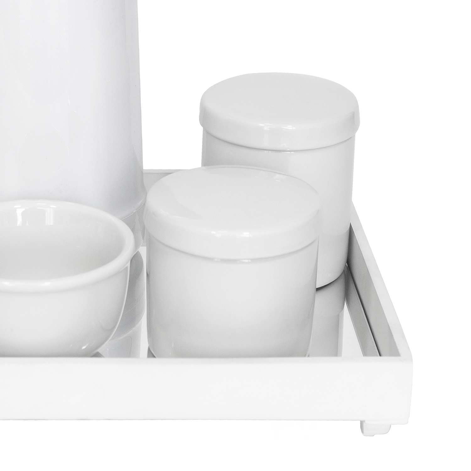 Kit Higiene Espelho Potes, Garrafa e Molhadeira Branco Quarto Bebê Unissex