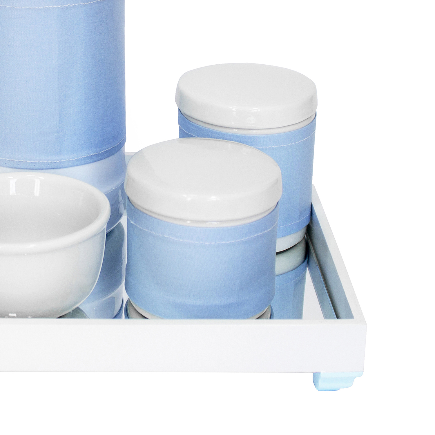 Kit Higiene Espelho Potes, Garrafa, Molhadeira e Capa Azul Quarto Bebê Menino