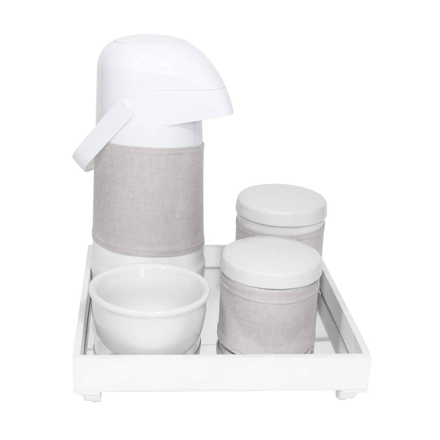Kit Higiene Espelho Potes, Garrafa, Molhadeira e Capa Branco Quarto Bebê Unissex