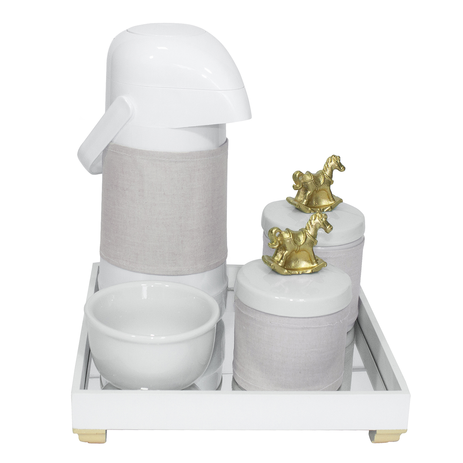 Kit Higiene Espelho Potes, Garrafa, Molhadeira e Capa Cavalinho Dourado Quarto Bebê Unissex