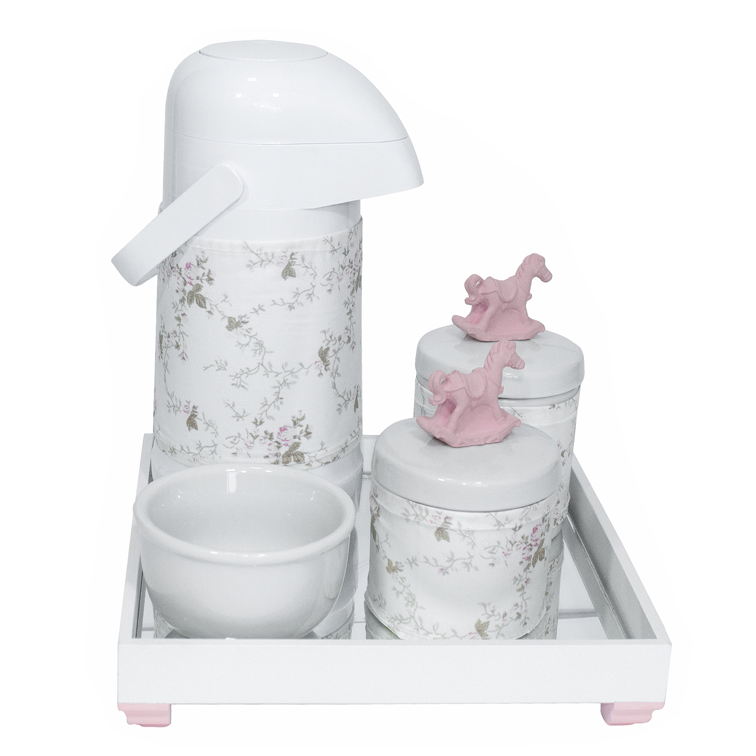 Kit Higiene Espelho Potes, Garrafa, Molhadeira e Capa Cavalinho Rosa Quarto Bebê Menina