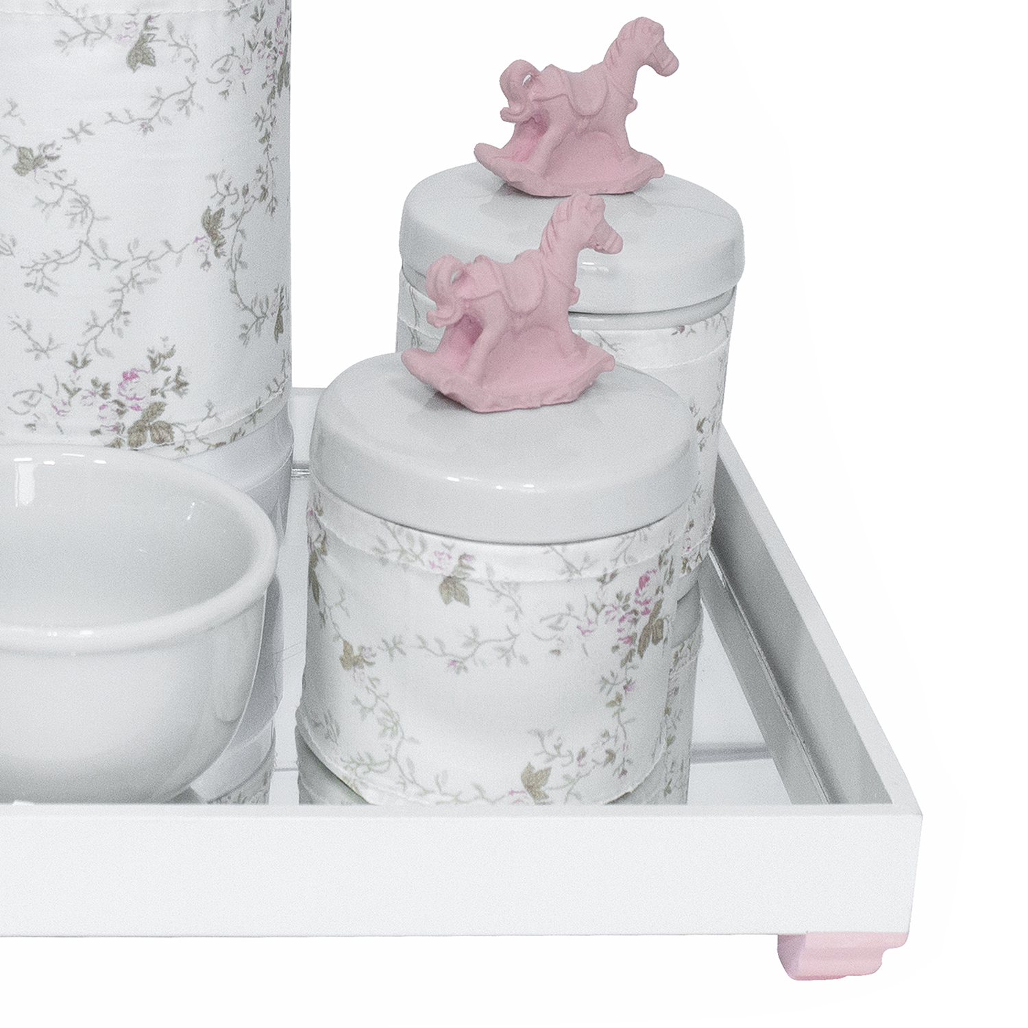 Kit Higiene Espelho Potes, Garrafa, Molhadeira e Capa Cavalinho Rosa Quarto Bebê Menina