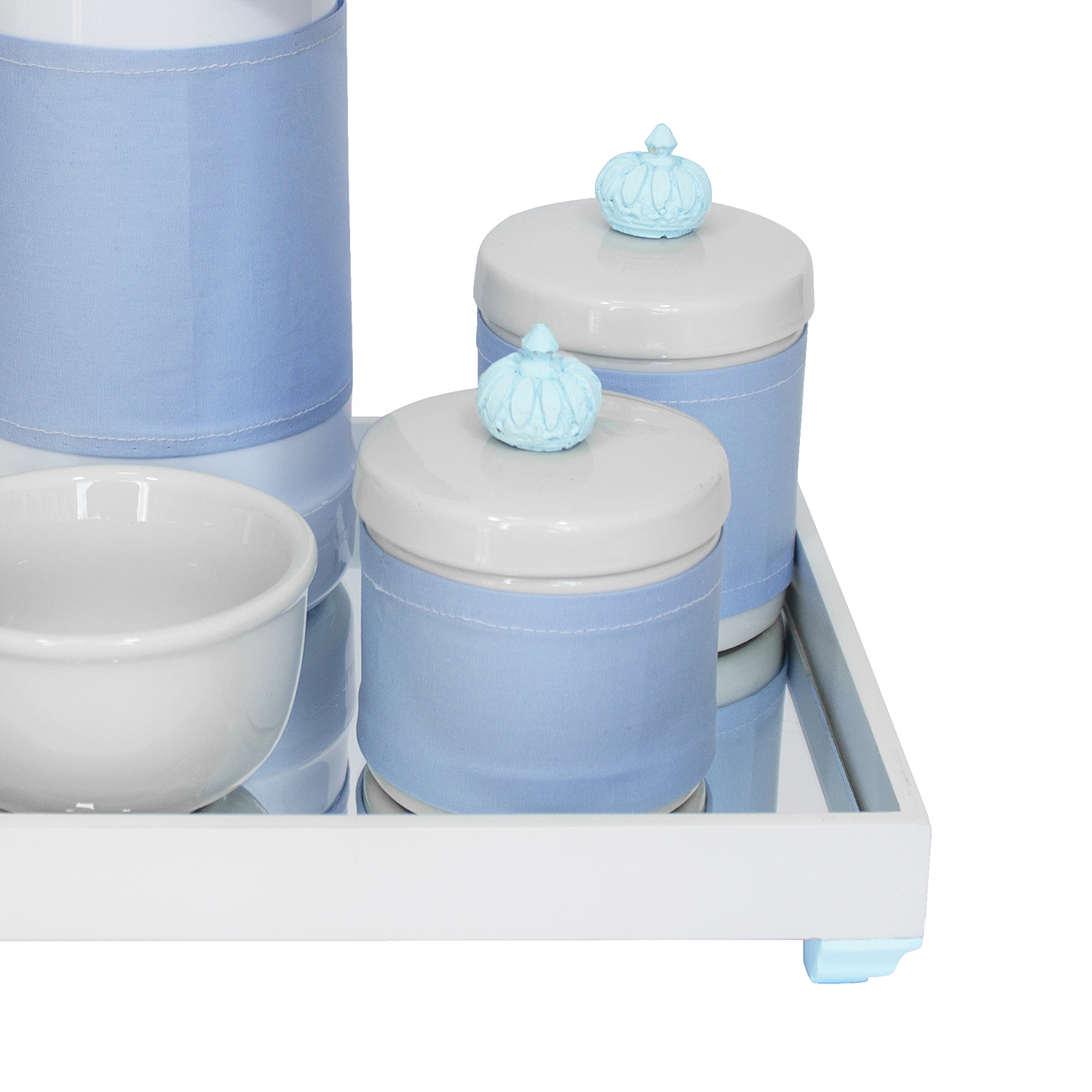 Kit Higiene Espelho Potes, Garrafa, Molhadeira e Capa Coroa Azul Quarto Bebê Menino