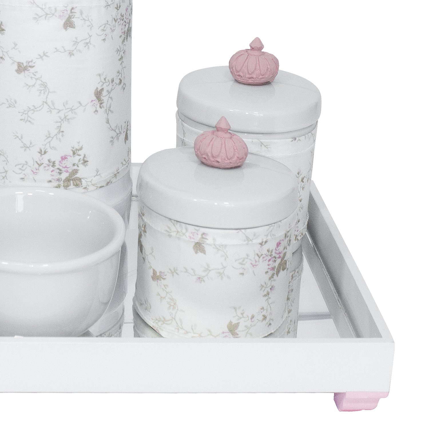 Kit Higiene Espelho Potes, Garrafa, Molhadeira e Capa Coroa Rosa Quarto Bebê Menina