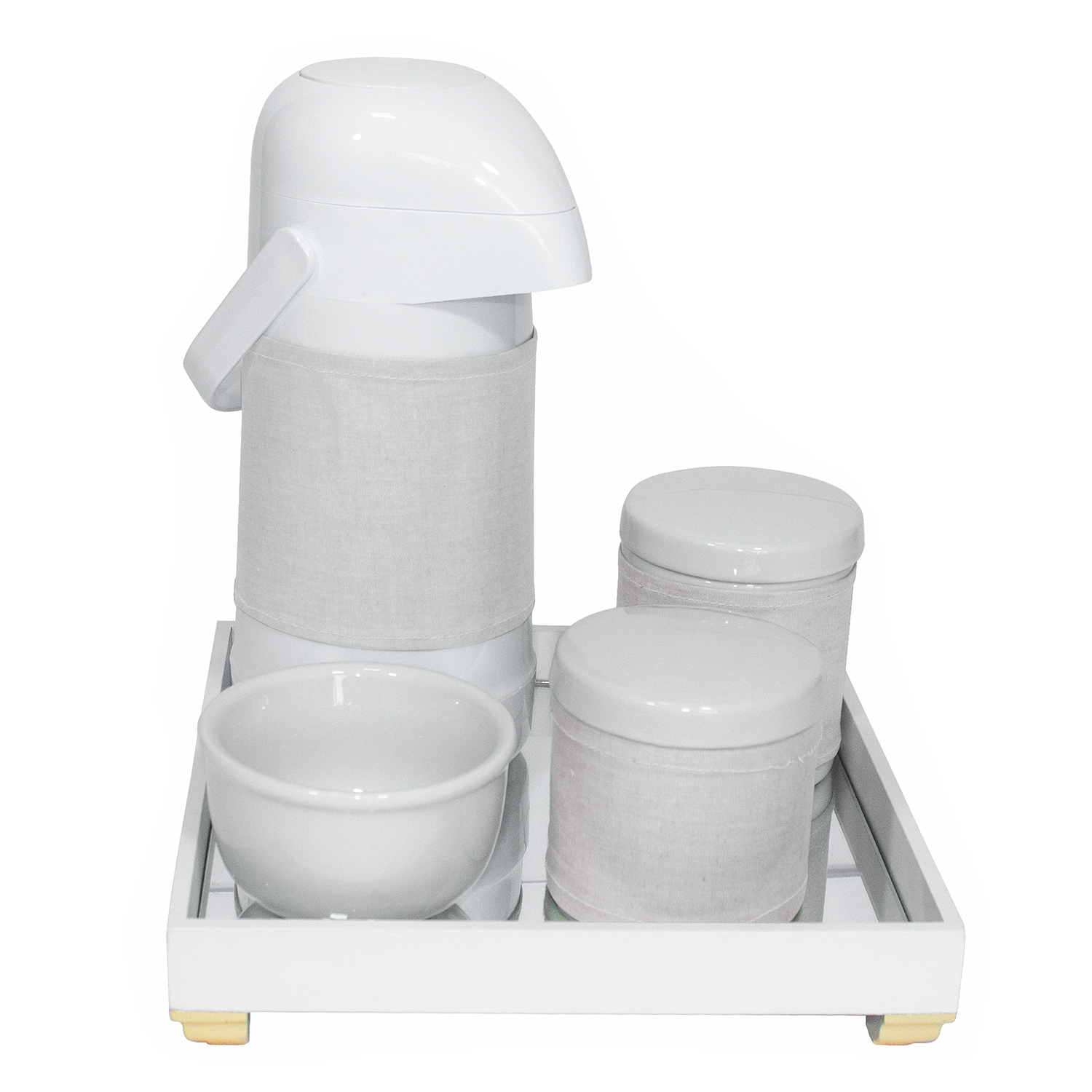 Kit Higiene Espelho Potes, Garrafa, Molhadeira e Capa Dourado Quarto Bebê Unissex