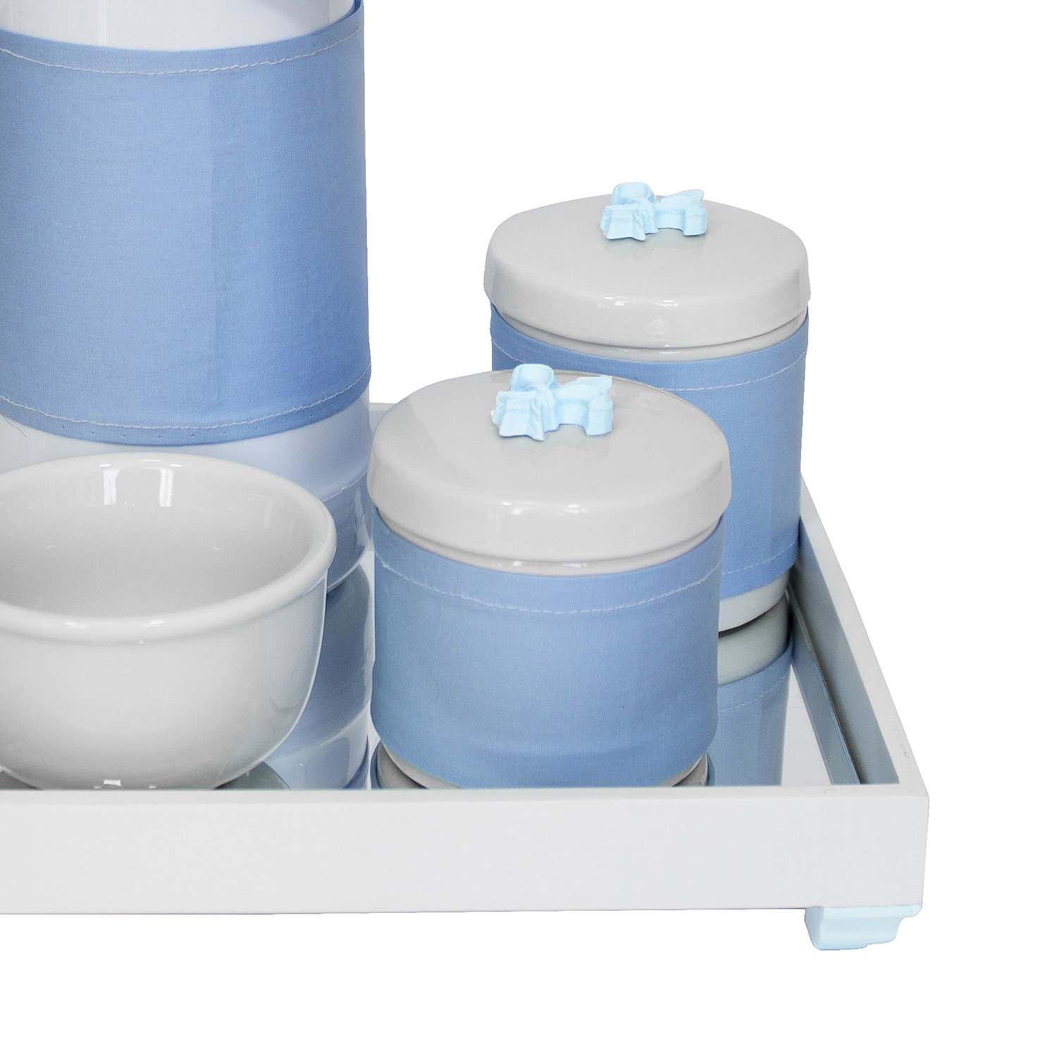 Kit Higiene Espelho Potes, Garrafa, Molhadeira e Capa Flor de Liz Azul Quarto Bebê Menino