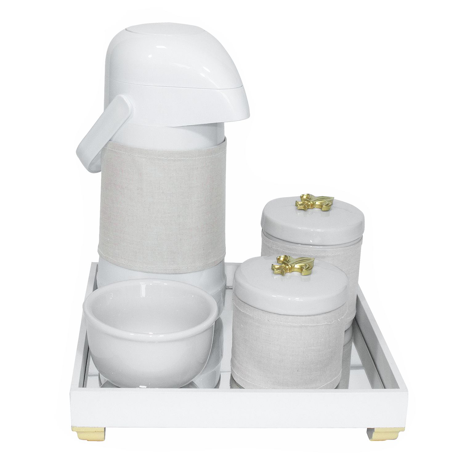 Kit Higiene Espelho Potes, Garrafa, Molhadeira e Capa Flor de Liz Dourado Quarto Bebê Unissex