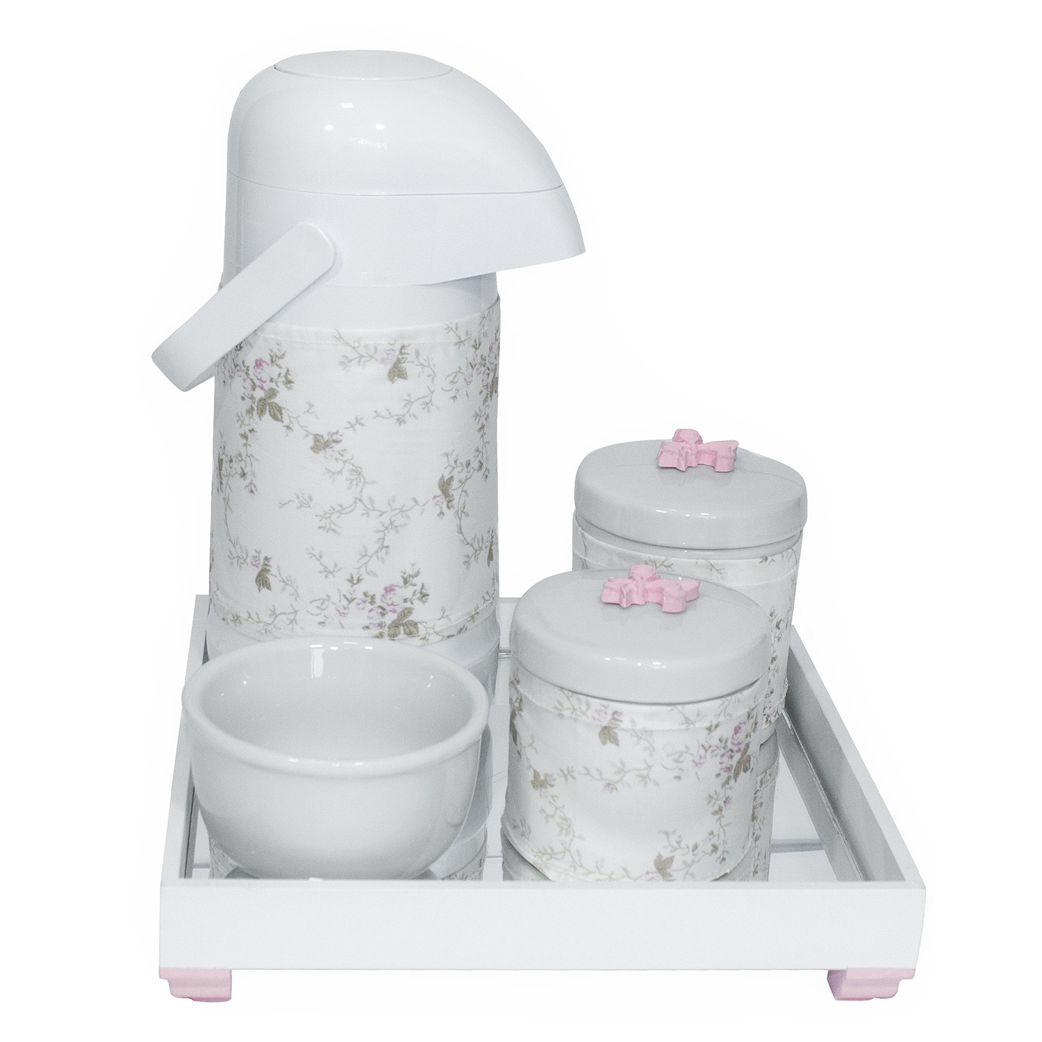 Kit Higiene Espelho Potes, Garrafa, Molhadeira e Capa Flor de Liz Rosa Quarto Bebê Menina
