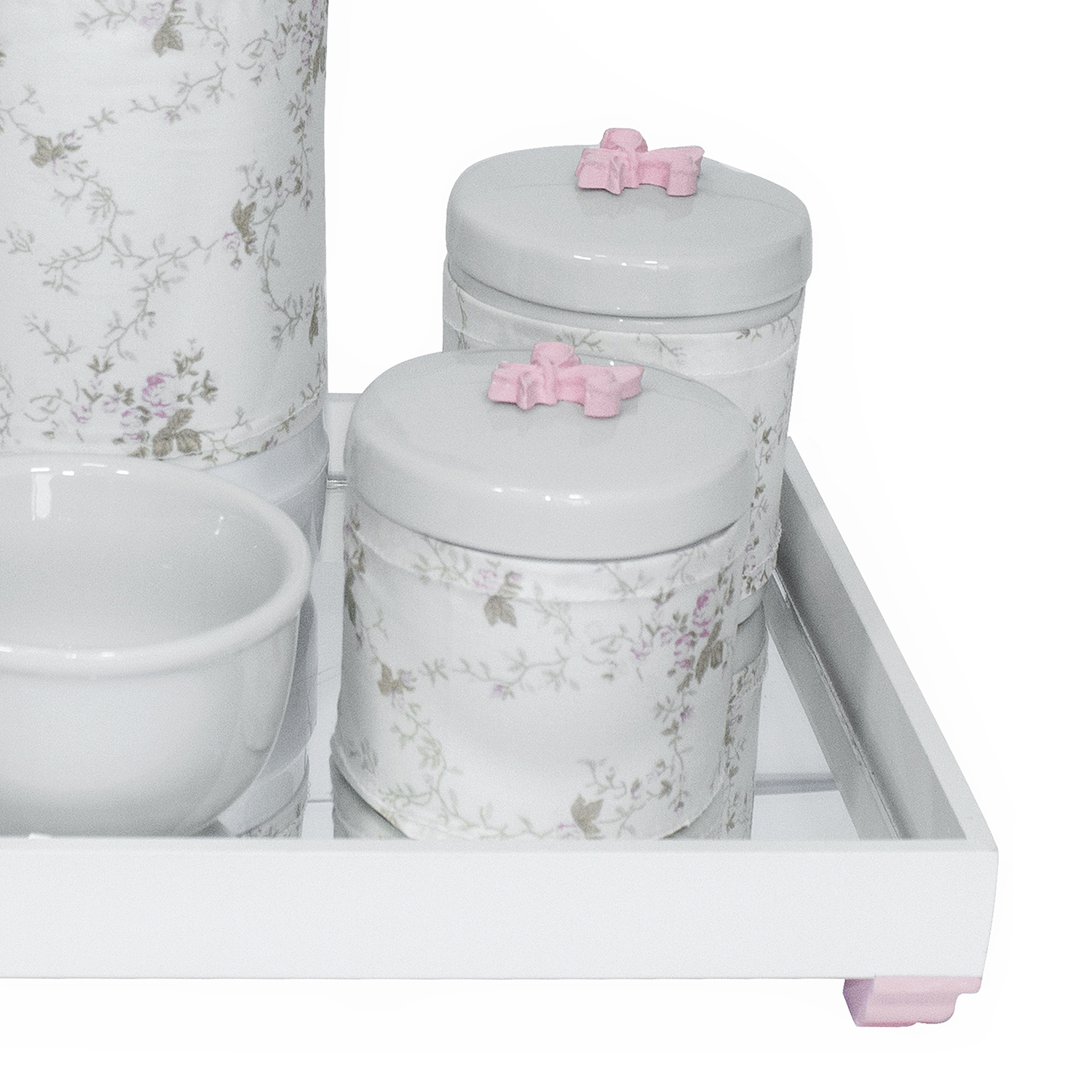 Kit Higiene Espelho Potes, Garrafa, Molhadeira e Capa Flor de Liz Rosa Quarto Bebê Menina