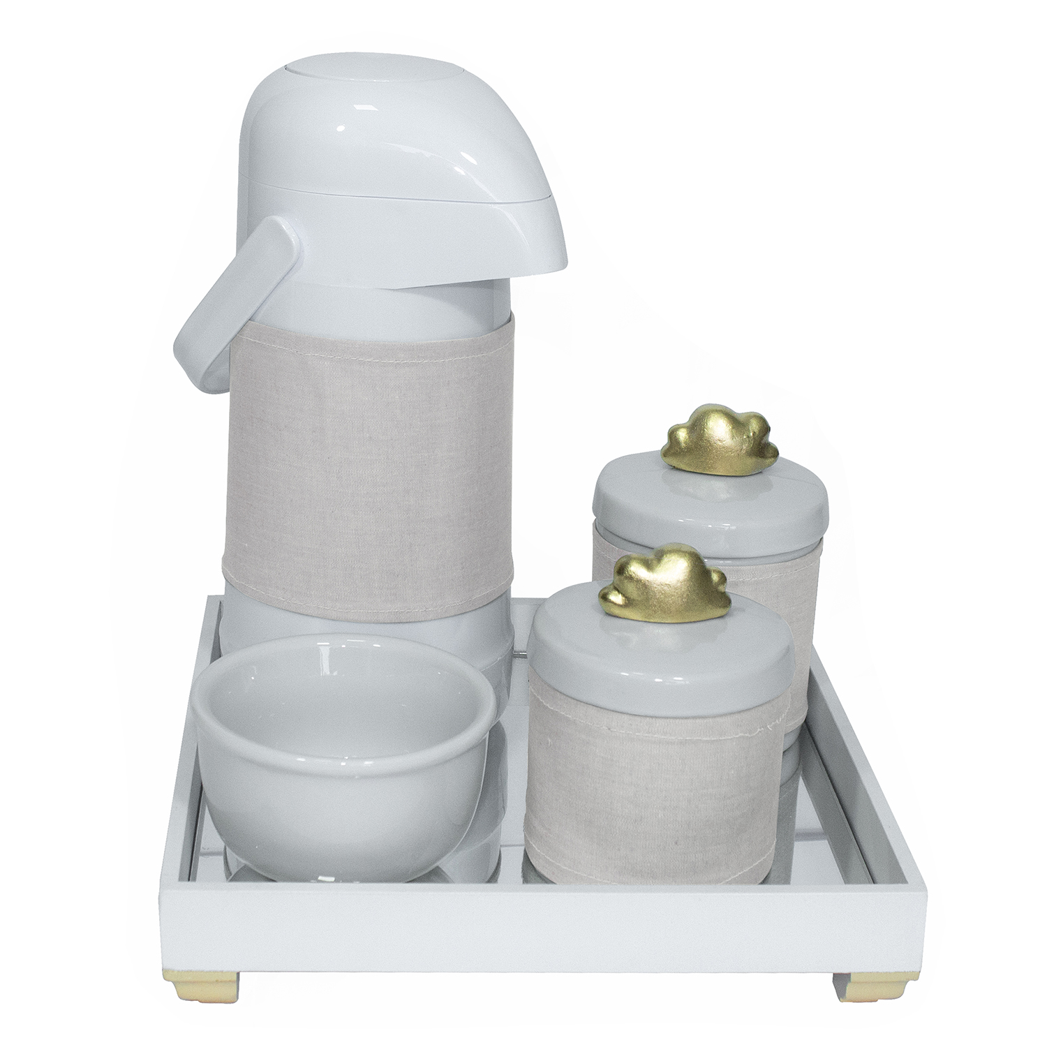 Kit Higiene Espelho Potes, Garrafa, Molhadeira e Capa Nuvem Dourado Quarto Bebê Unissex