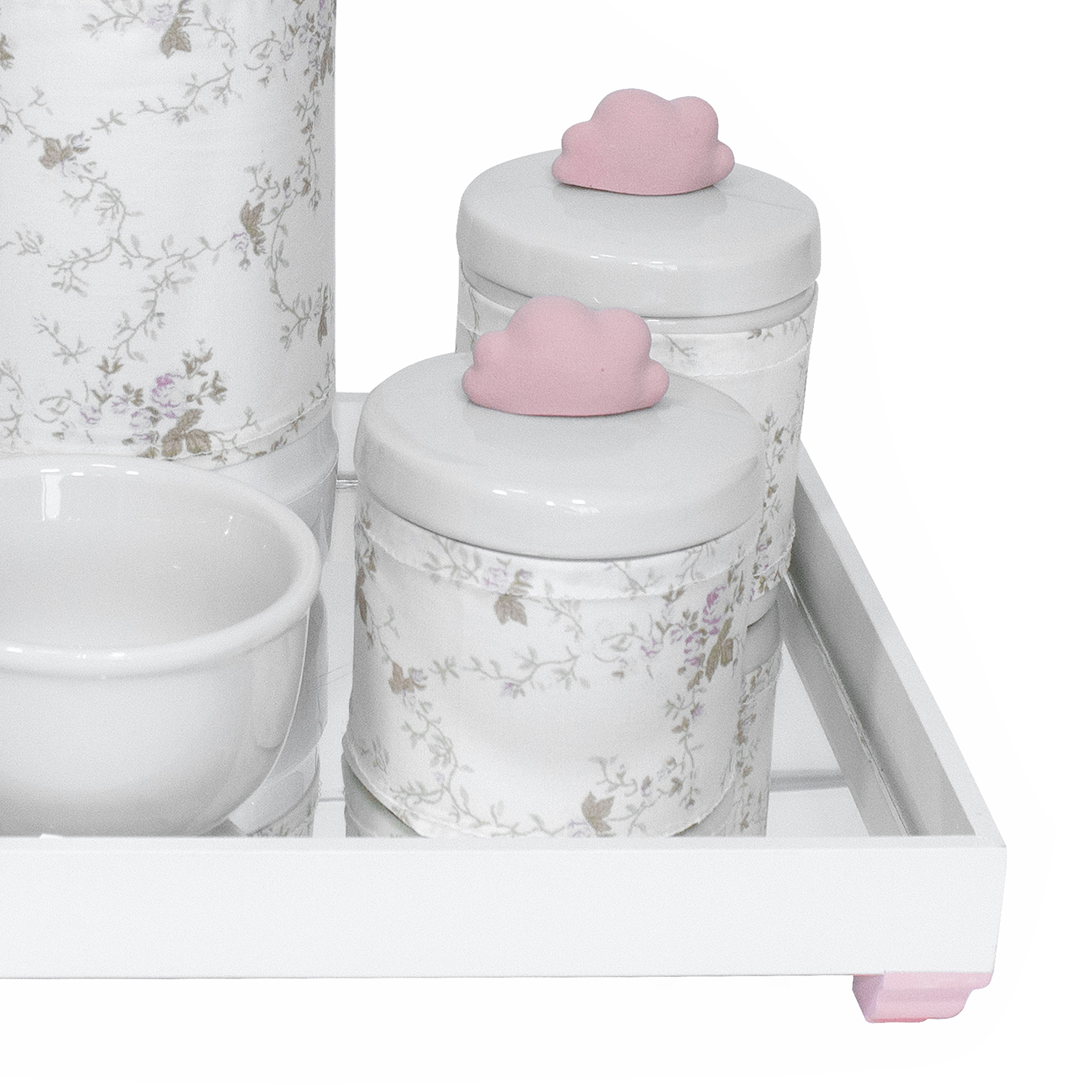 Kit Higiene Espelho Potes, Garrafa, Molhadeira e Capa Nuvem Rosa Quarto Bebê Menina