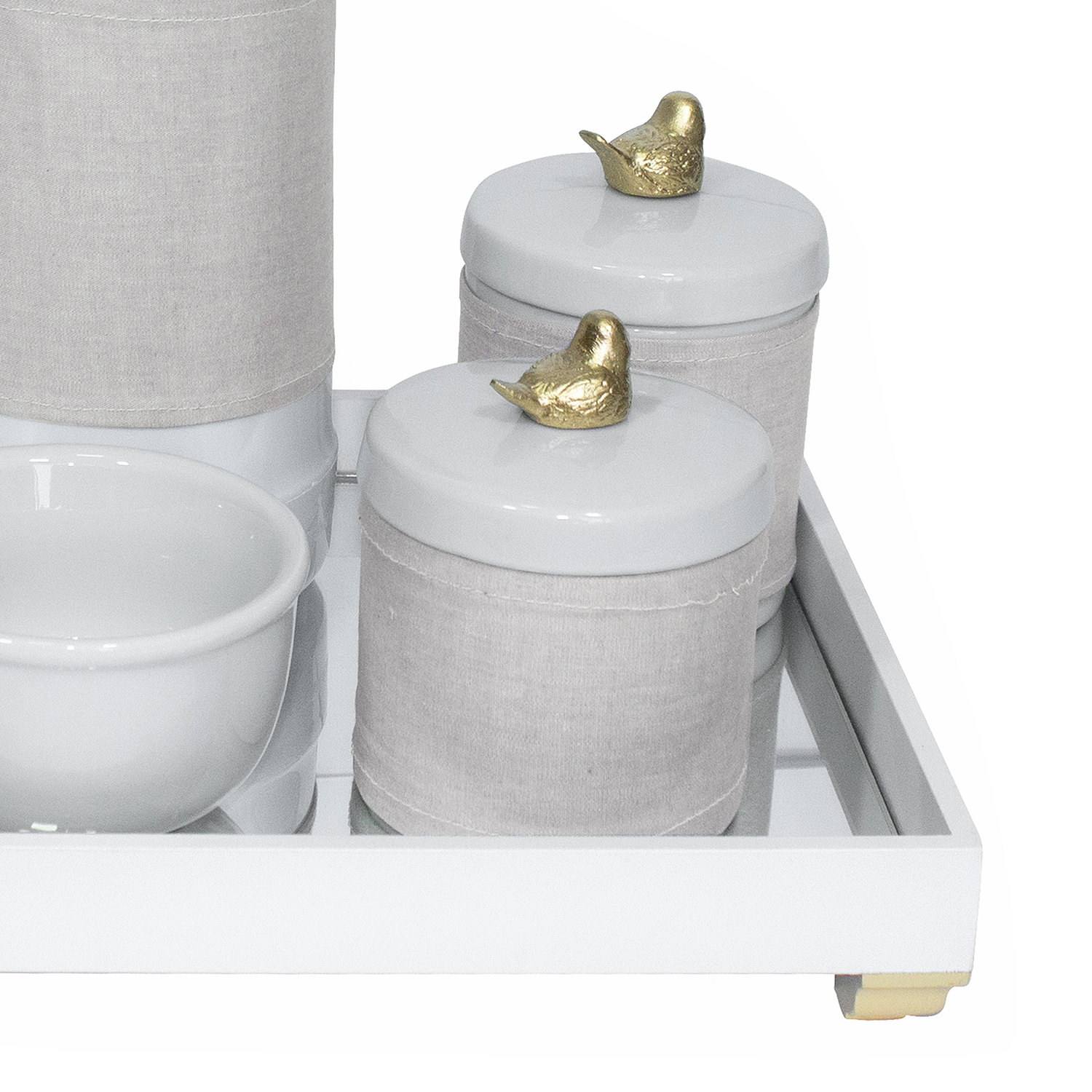 Kit Higiene Espelho Potes, Garrafa, Molhadeira e Capa Passarinho Dourado Quarto Bebê Unissex