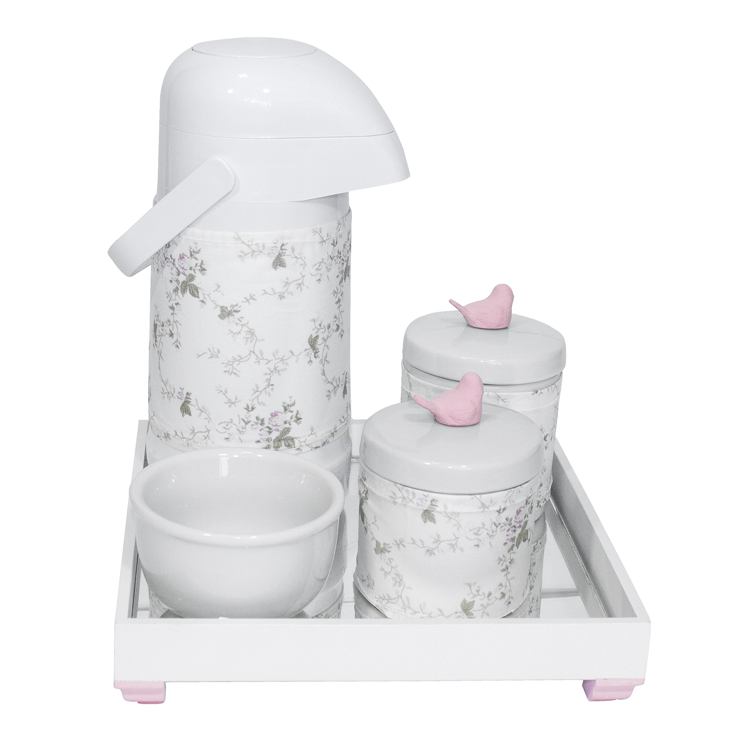 Kit Higiene Espelho Potes, Garrafa, Molhadeira e Capa Passarinho Rosa Quarto Bebê Menina