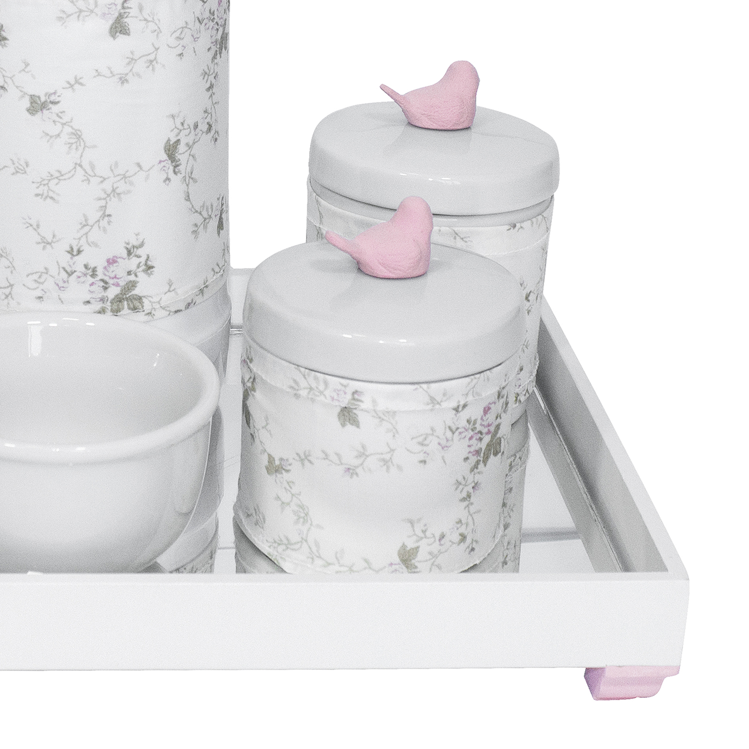 Kit Higiene Espelho Potes, Garrafa, Molhadeira e Capa Passarinho Rosa Quarto Bebê Menina