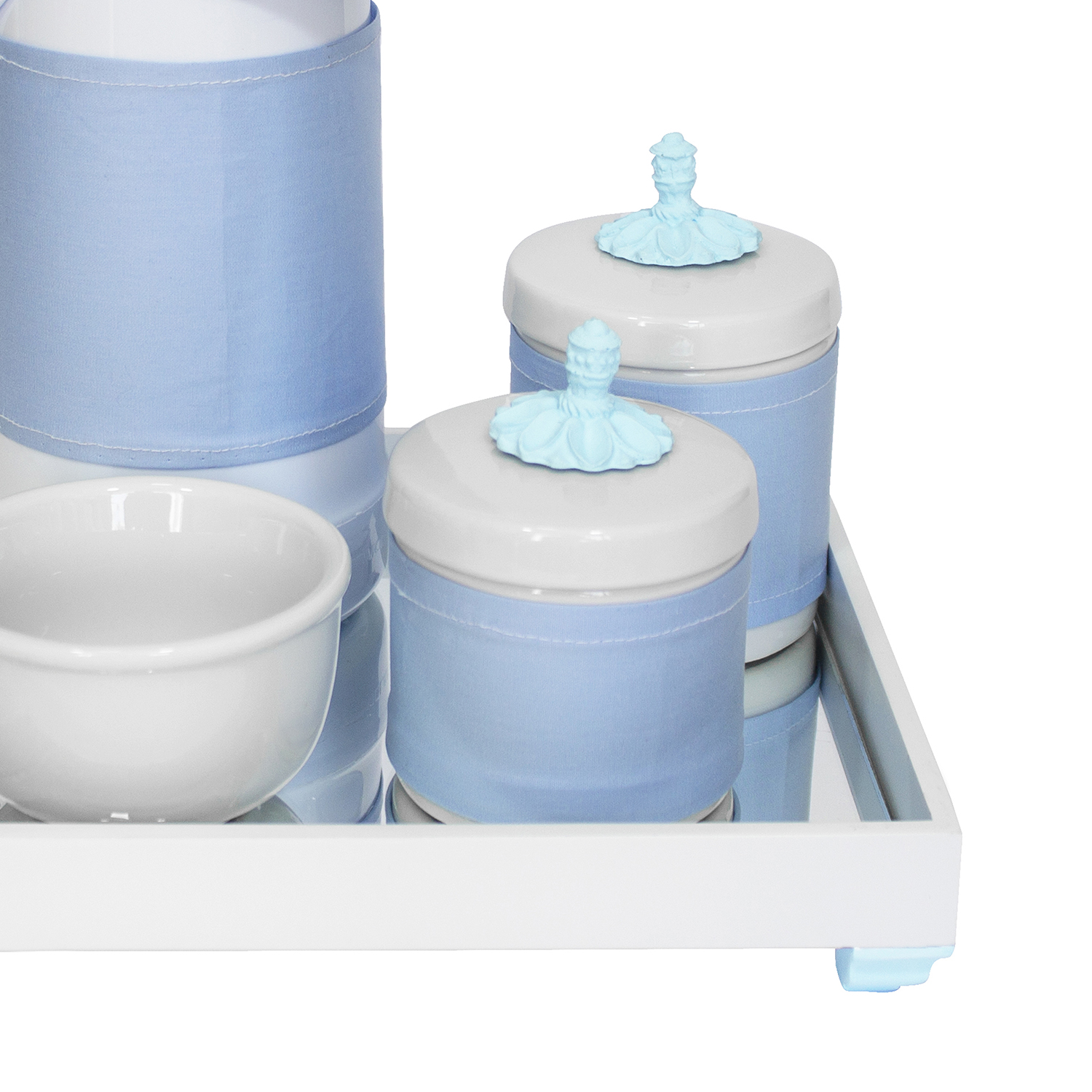 Kit Higiene Espelho Potes, Garrafa, Molhadeira e Capa Provençal Azul Quarto Bebê Menino