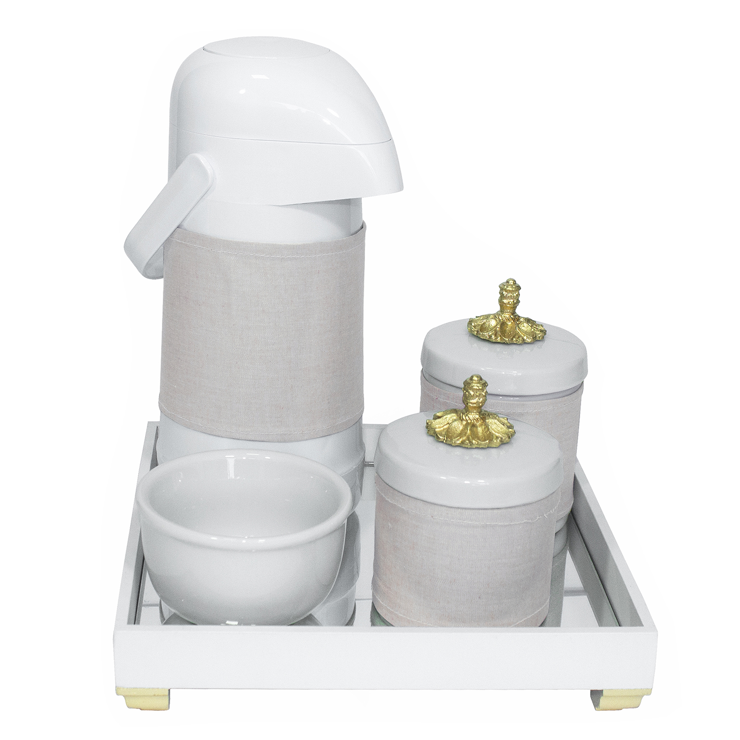 Kit Higiene Espelho Potes, Garrafa, Molhadeira e Capa Provençal Dourado Quarto Bebê Unissex