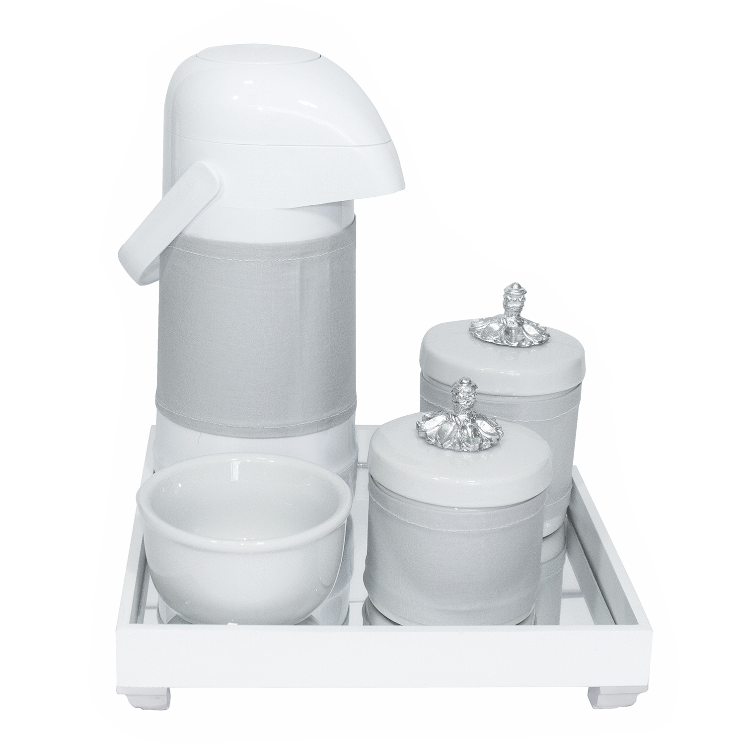 Kit Higiene Espelho Potes, Garrafa, Molhadeira e Capa Provençal Prata Quarto Bebê Unissex
