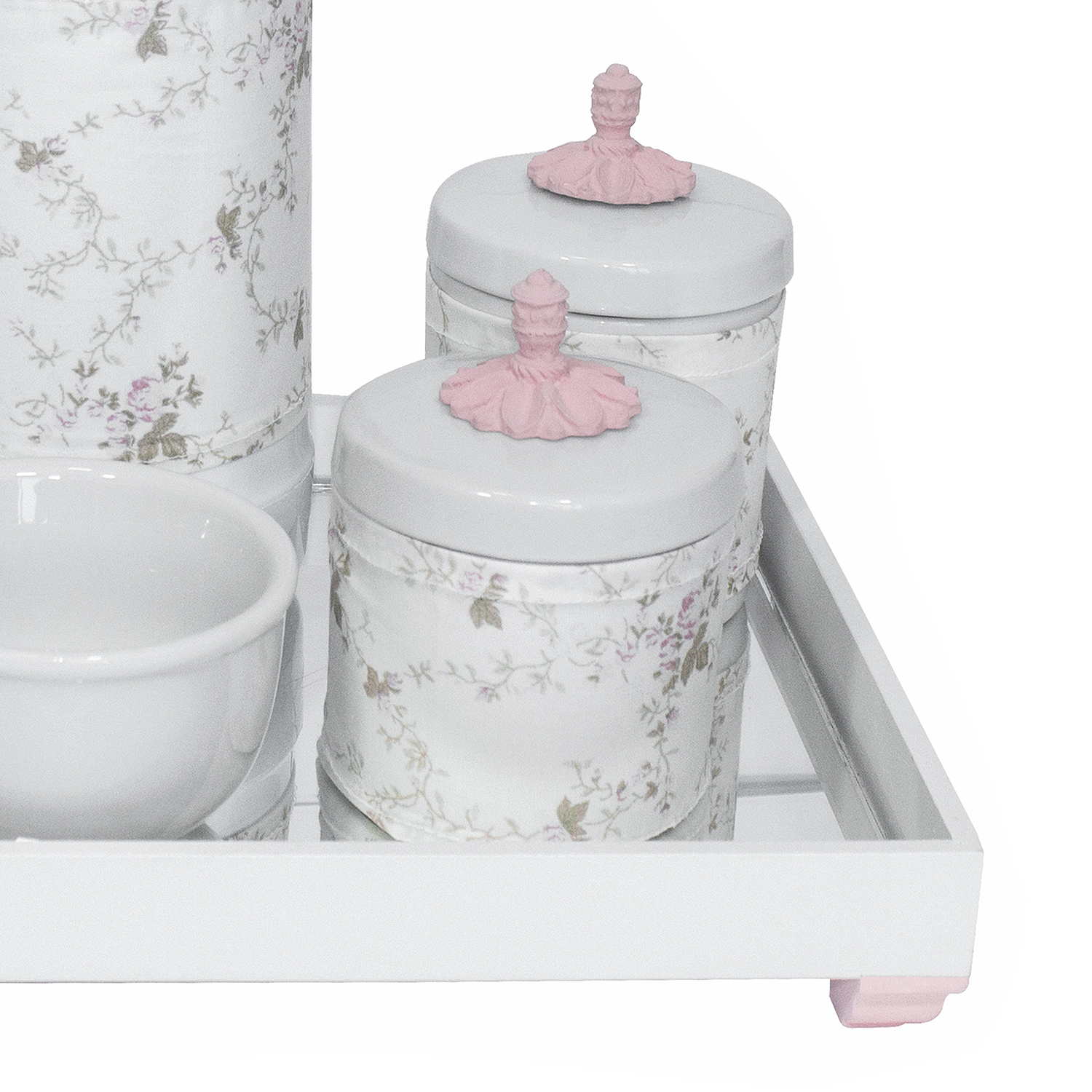 Kit Higiene Espelho Potes, Garrafa, Molhadeira e Capa Provençal Rosa Quarto Bebê Menina