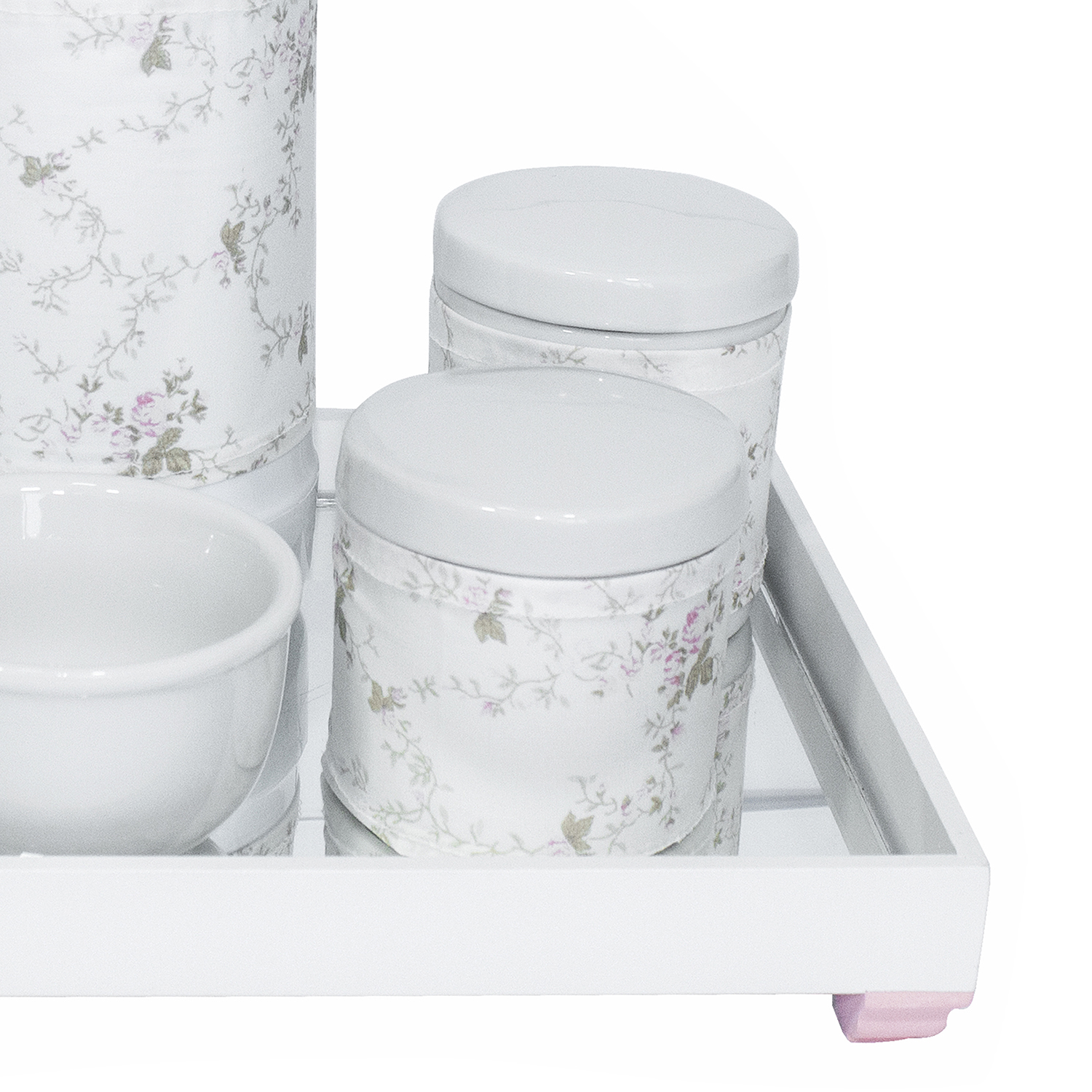 Kit Higiene Espelho Potes, Garrafa, Molhadeira e Capa Rosa Quarto Bebê Menina