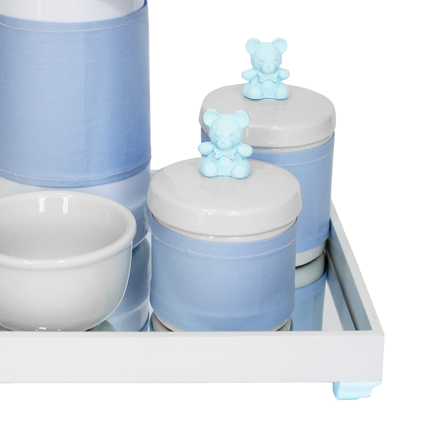 Kit Higiene Espelho Potes, Garrafa, Molhadeira e Capa Ursinho Azul Quarto Bebê Menino