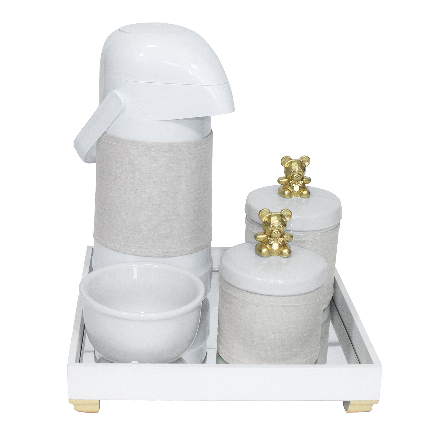 Kit Higiene Espelho Potes, Garrafa, Molhadeira e Capa Ursinho Dourado Quarto Bebê Unissex