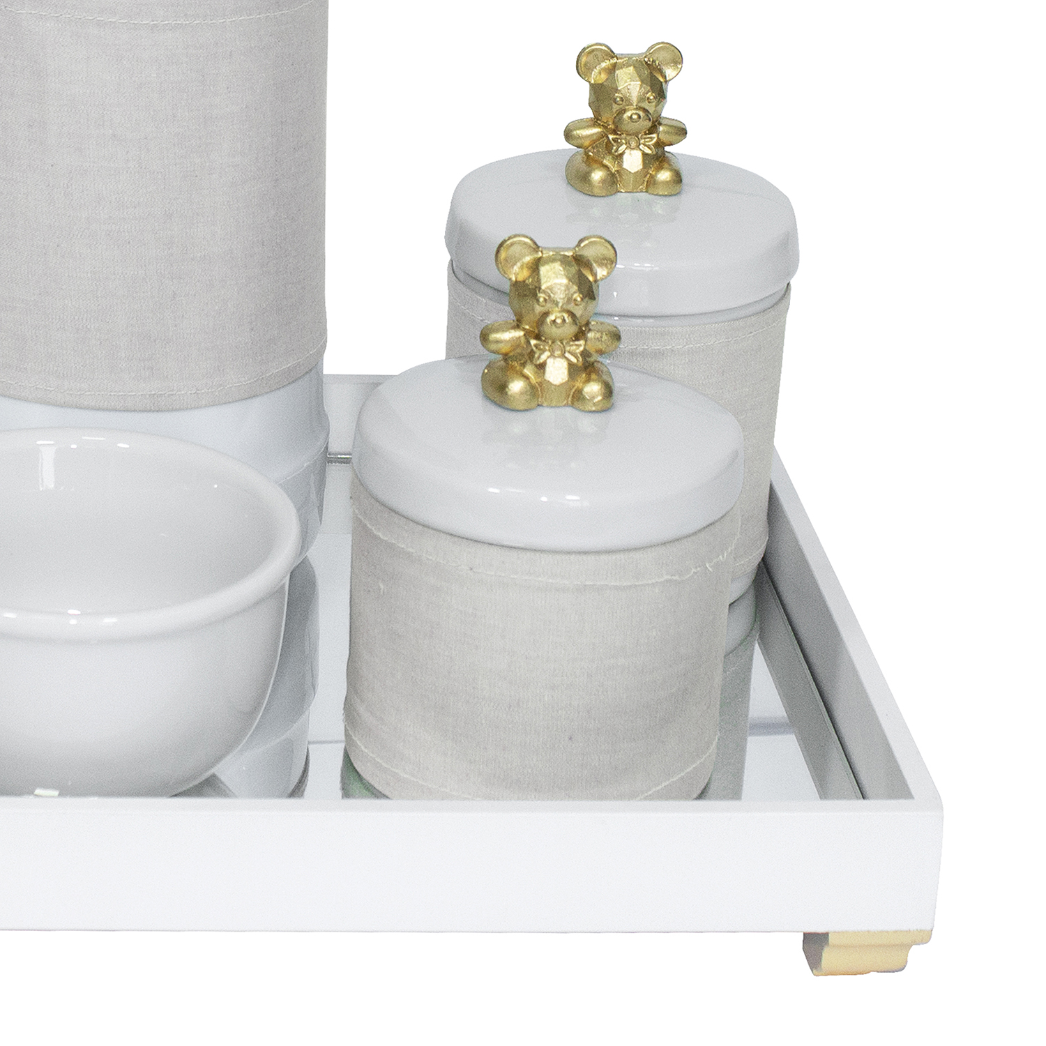 Kit Higiene Espelho Potes, Garrafa, Molhadeira e Capa Ursinho Dourado Quarto Bebê Unissex
