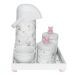 Kit Higiene Espelho Potes, Garrafa, Molhadeira e Capa Ursinho Rosa Quarto Bebê Menina