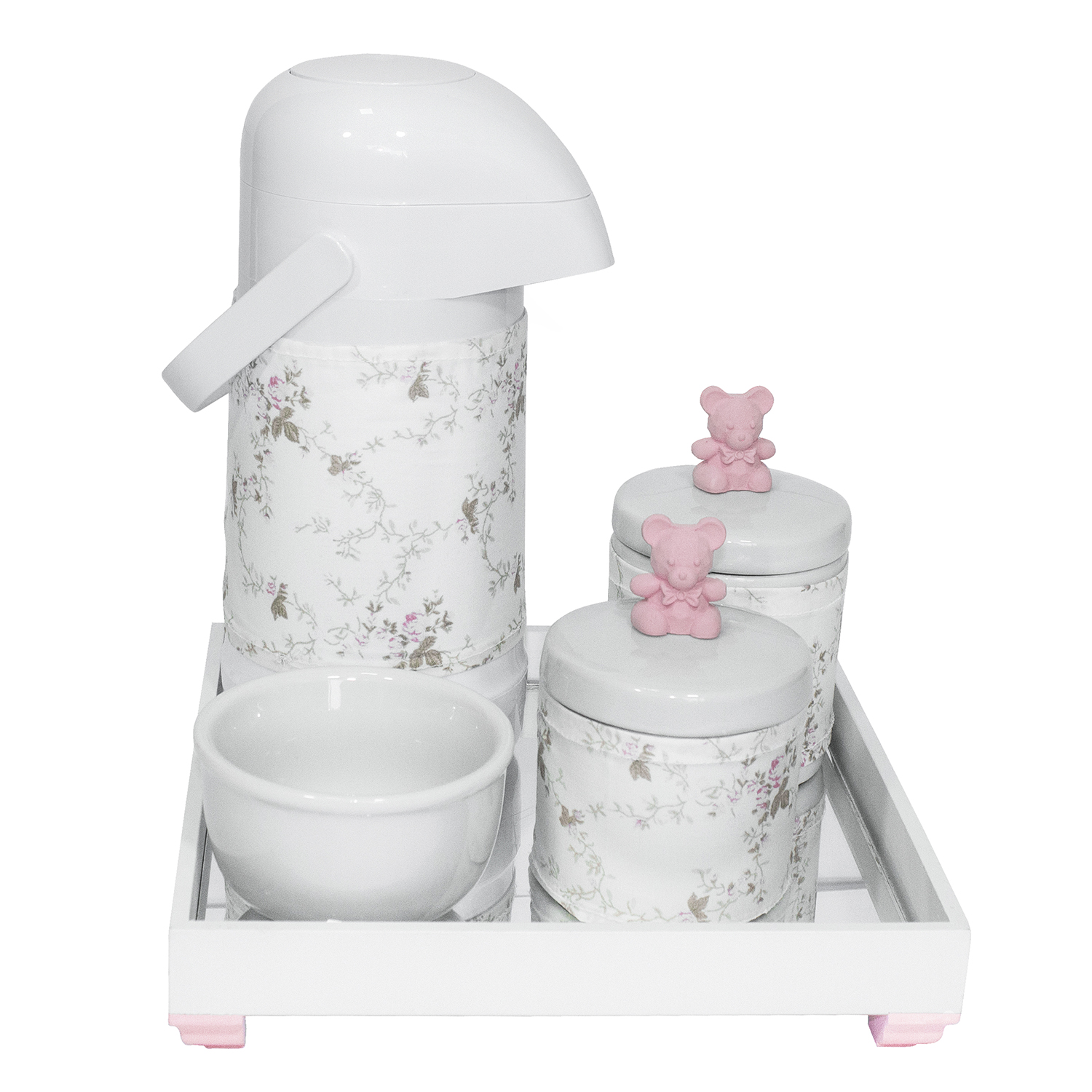 Kit Higiene Espelho Potes, Garrafa, Molhadeira e Capa Ursinho Rosa Quarto Bebê Menina