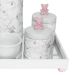 Kit Higiene Espelho Potes, Garrafa, Molhadeira e Capa Ursinho Rosa Quarto Bebê Menina