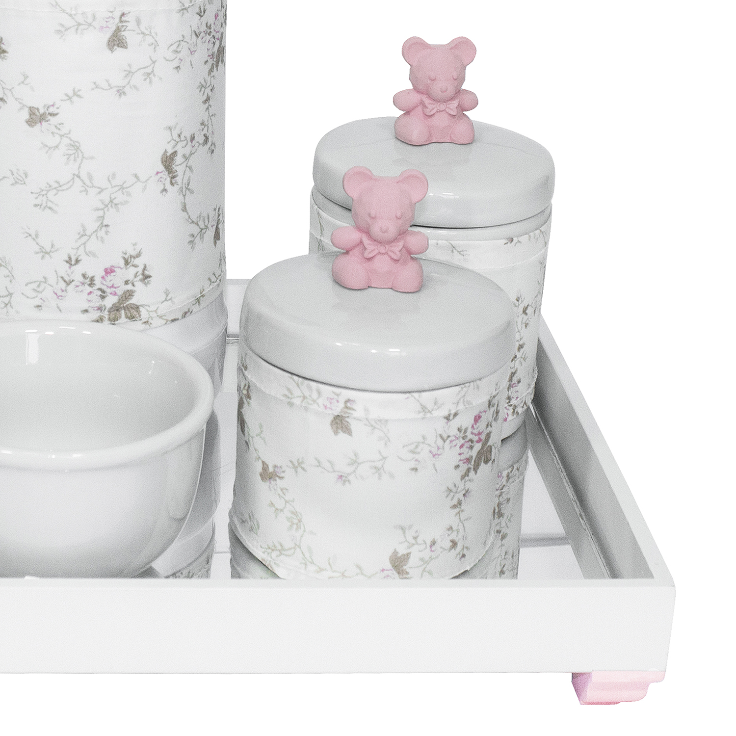 Kit Higiene Espelho Potes, Garrafa, Molhadeira e Capa Ursinho Rosa Quarto Bebê Menina