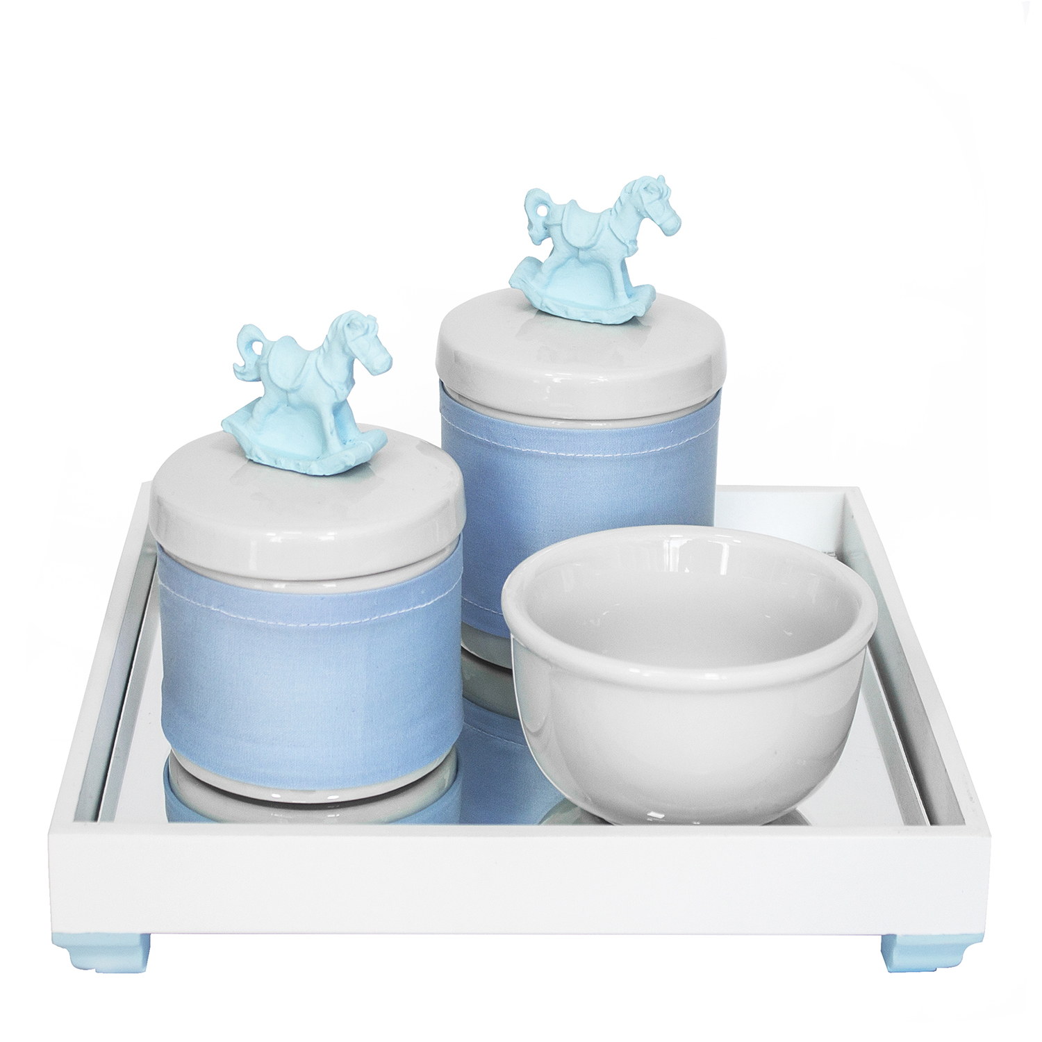 Kit Higiene Espelho Potes, Molhadeira e Capa Cavalinho Azul Quarto Bebê Menino