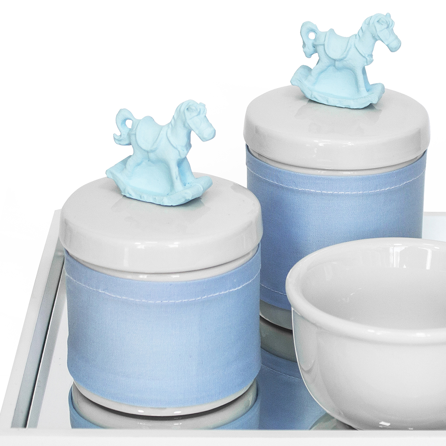 Kit Higiene Espelho Potes, Molhadeira e Capa Cavalinho Azul Quarto Bebê Menino