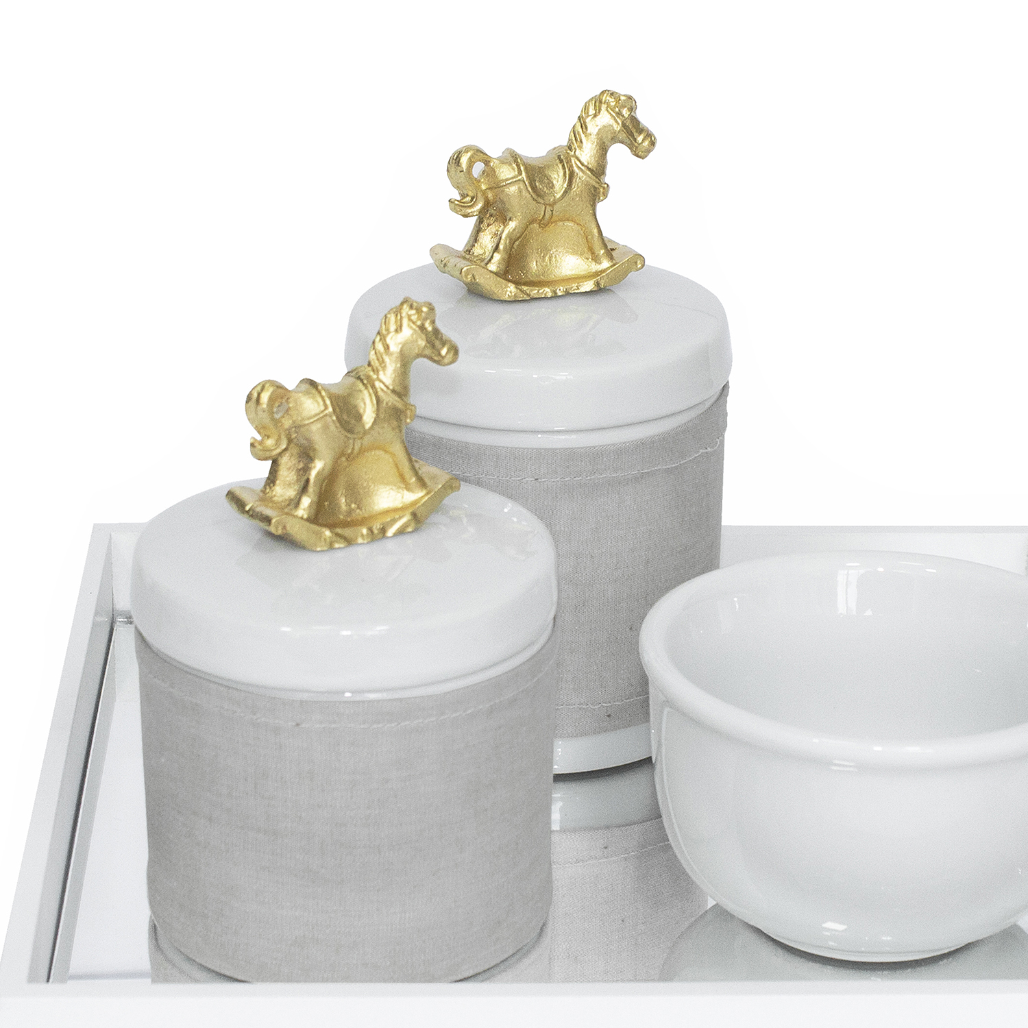 Kit Higiene Espelho Potes, Molhadeira e Capa Cavalinho Dourado Quarto Bebê Unissex
