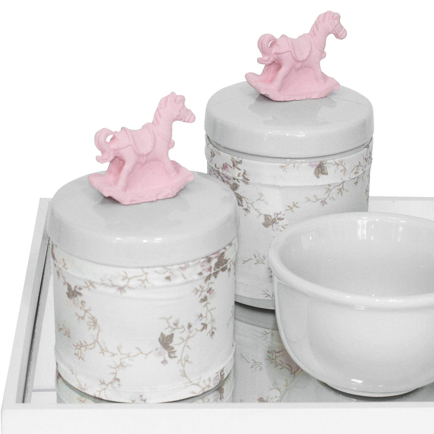 Kit Higiene Espelho Potes, Molhadeira e Capa Cavalinho Rosa Quarto Bebê Menina