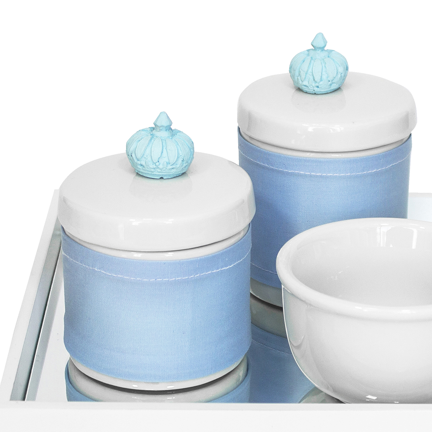 Kit Higiene Espelho Potes, Molhadeira e Capa Coroa Azul Quarto Bebê Menino