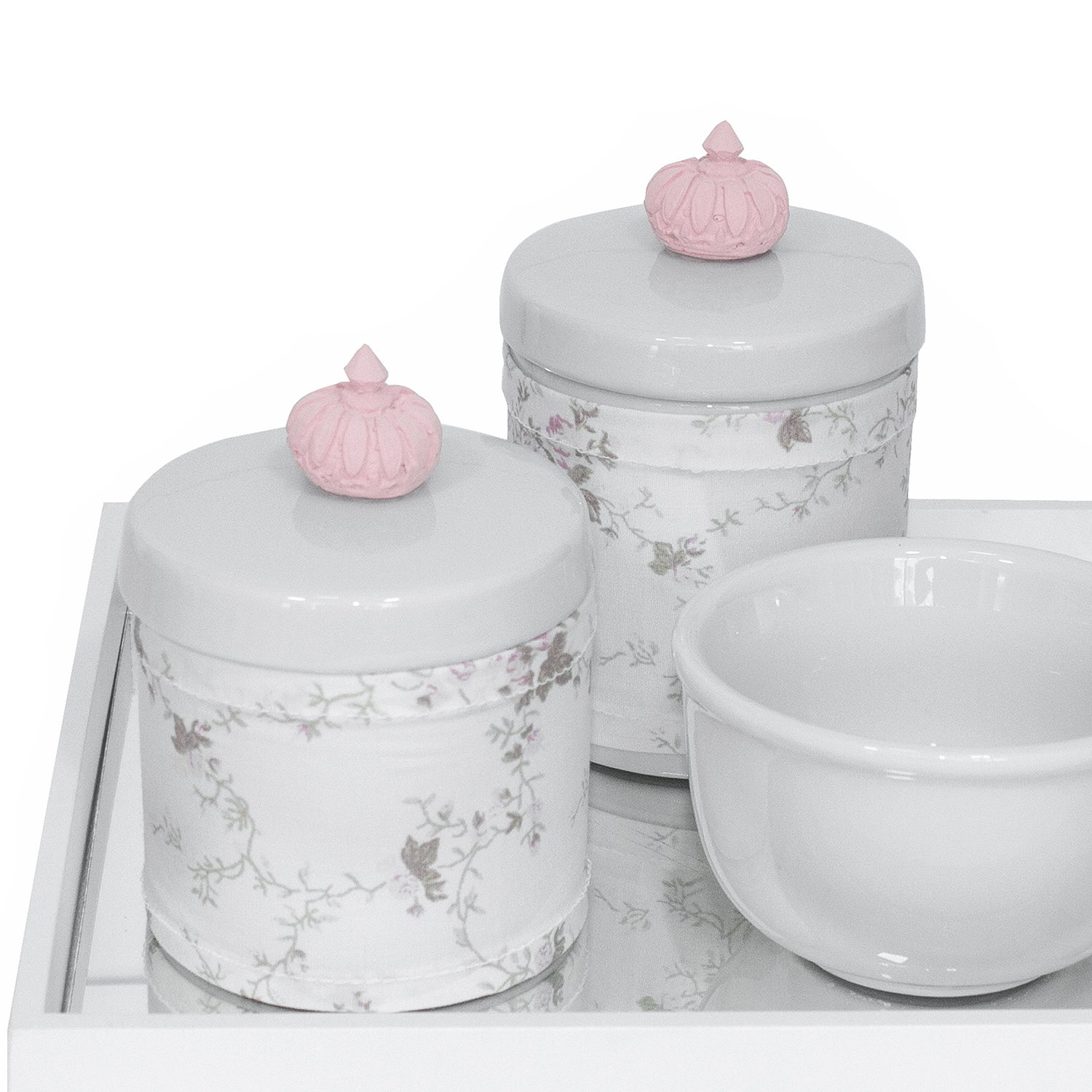 Kit Higiene Espelho Potes, Molhadeira e Capa Coroa Rosa Quarto Bebê Menina