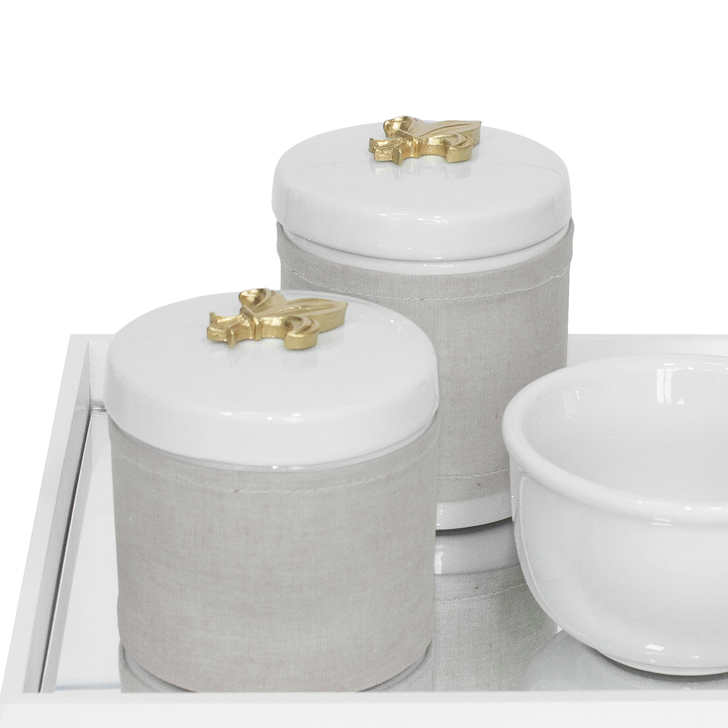 Kit Higiene Espelho Potes, Molhadeira e Capa Flor de Liz Dourado Quarto Bebê Unissex