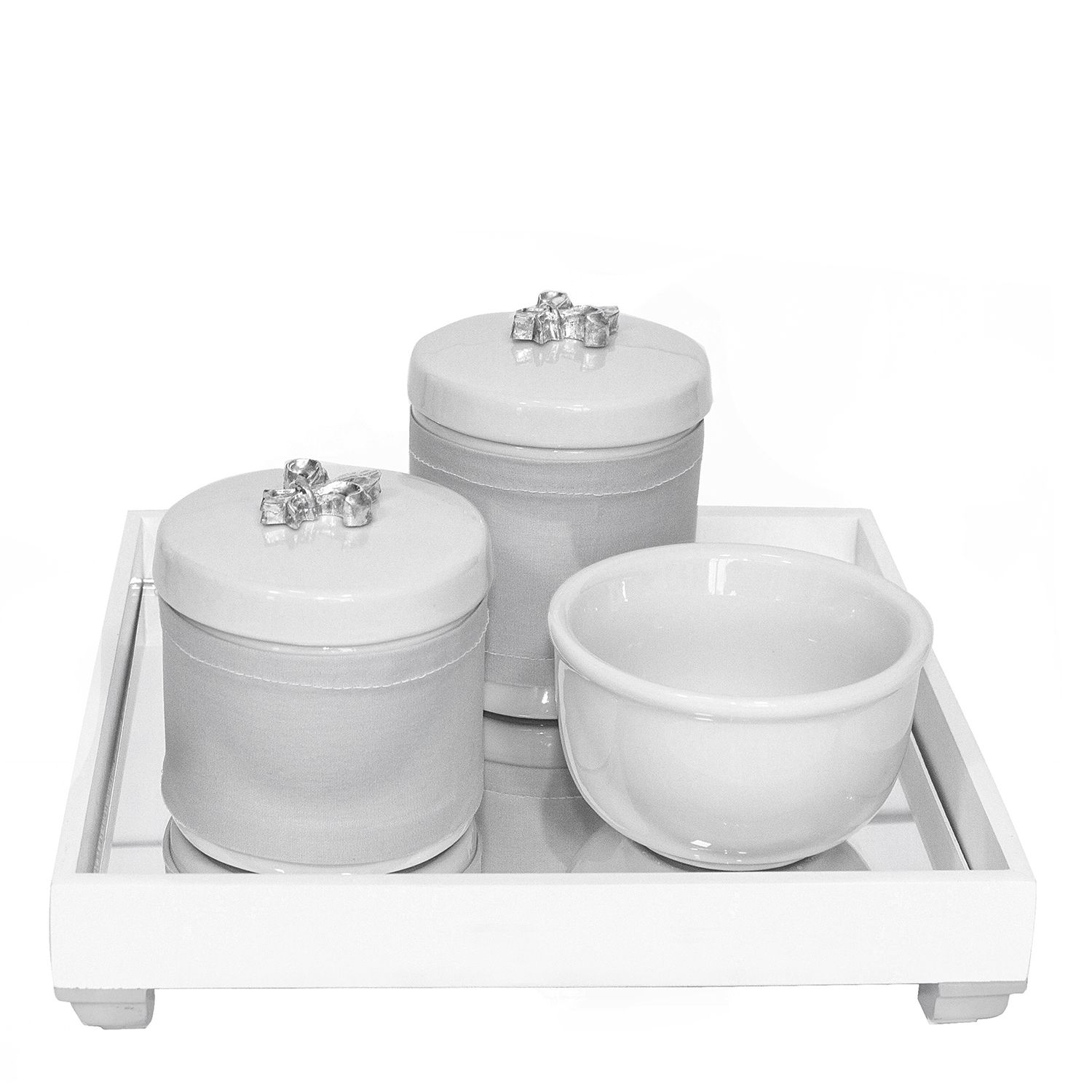 Kit Higiene Espelho Potes, Molhadeira e Capa Flor de Liz Prata Quarto Bebê Unissex