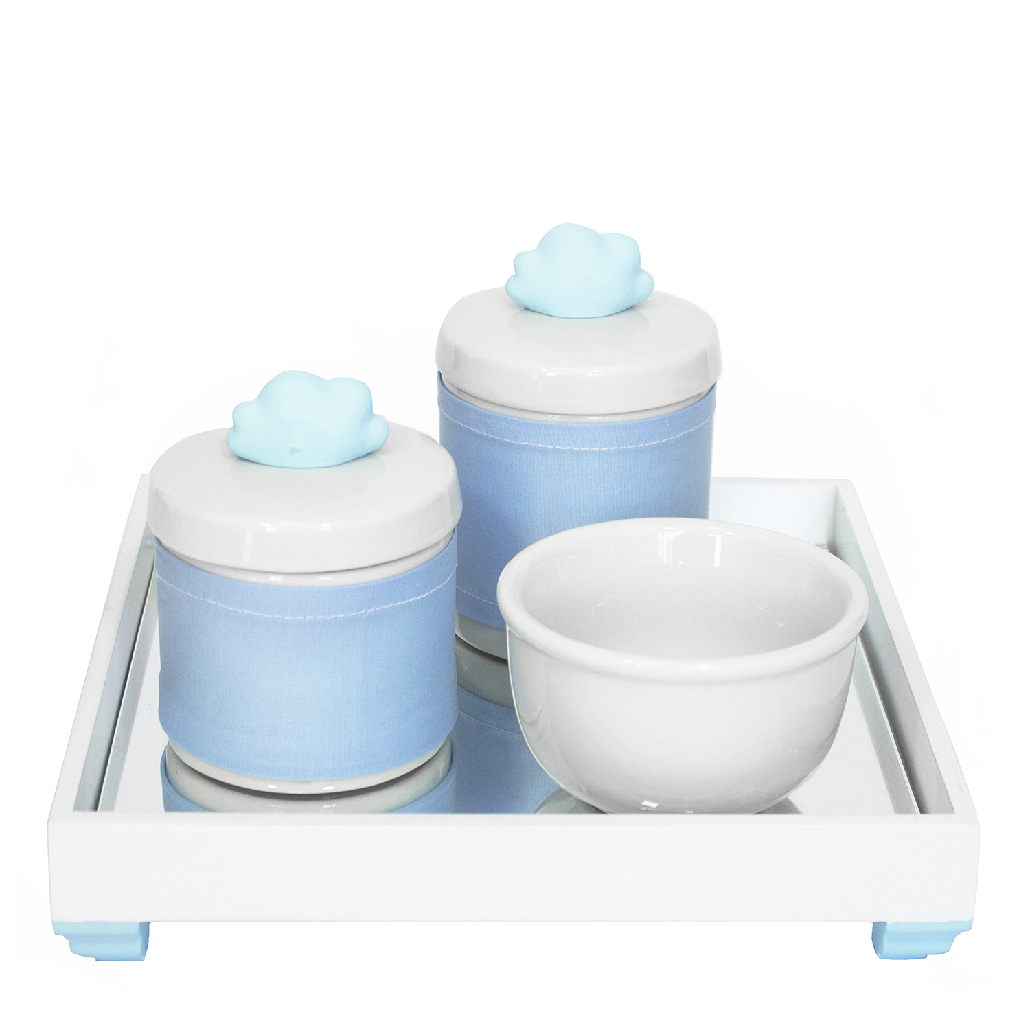 Kit Higiene Espelho Potes, Molhadeira e Capa Nuvem Azul Quarto Bebê Menino