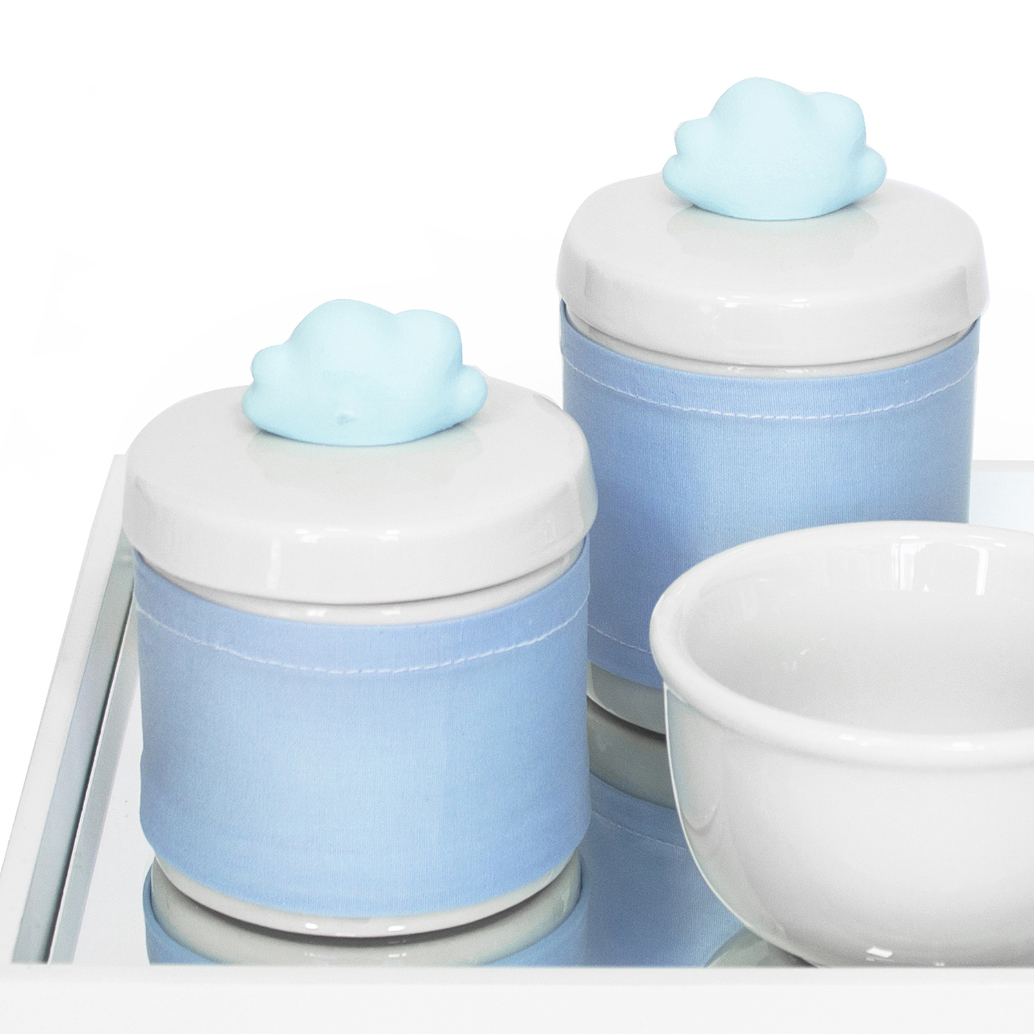 Kit Higiene Espelho Potes, Molhadeira e Capa Nuvem Azul Quarto Bebê Menino