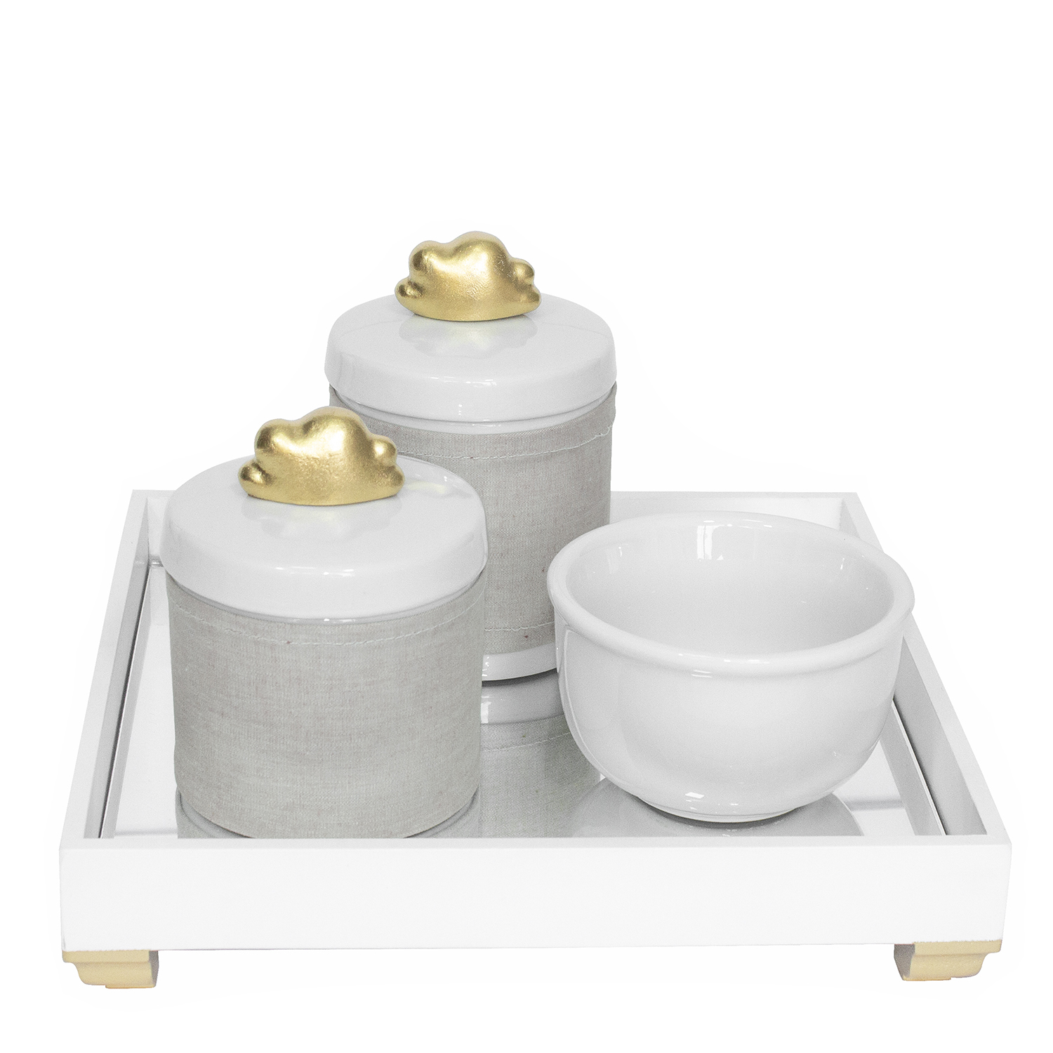 Kit Higiene Espelho Potes, Molhadeira e Capa Nuvem Dourado Quarto Bebê Unissex