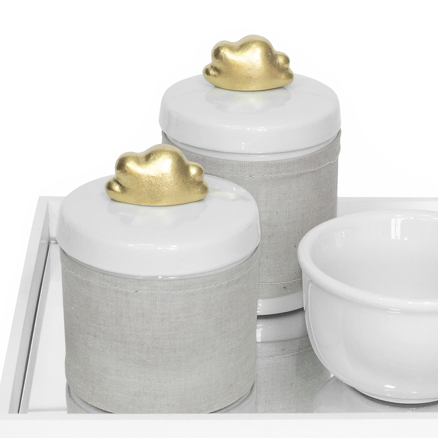 Kit Higiene Espelho Potes, Molhadeira e Capa Nuvem Dourado Quarto Bebê Unissex