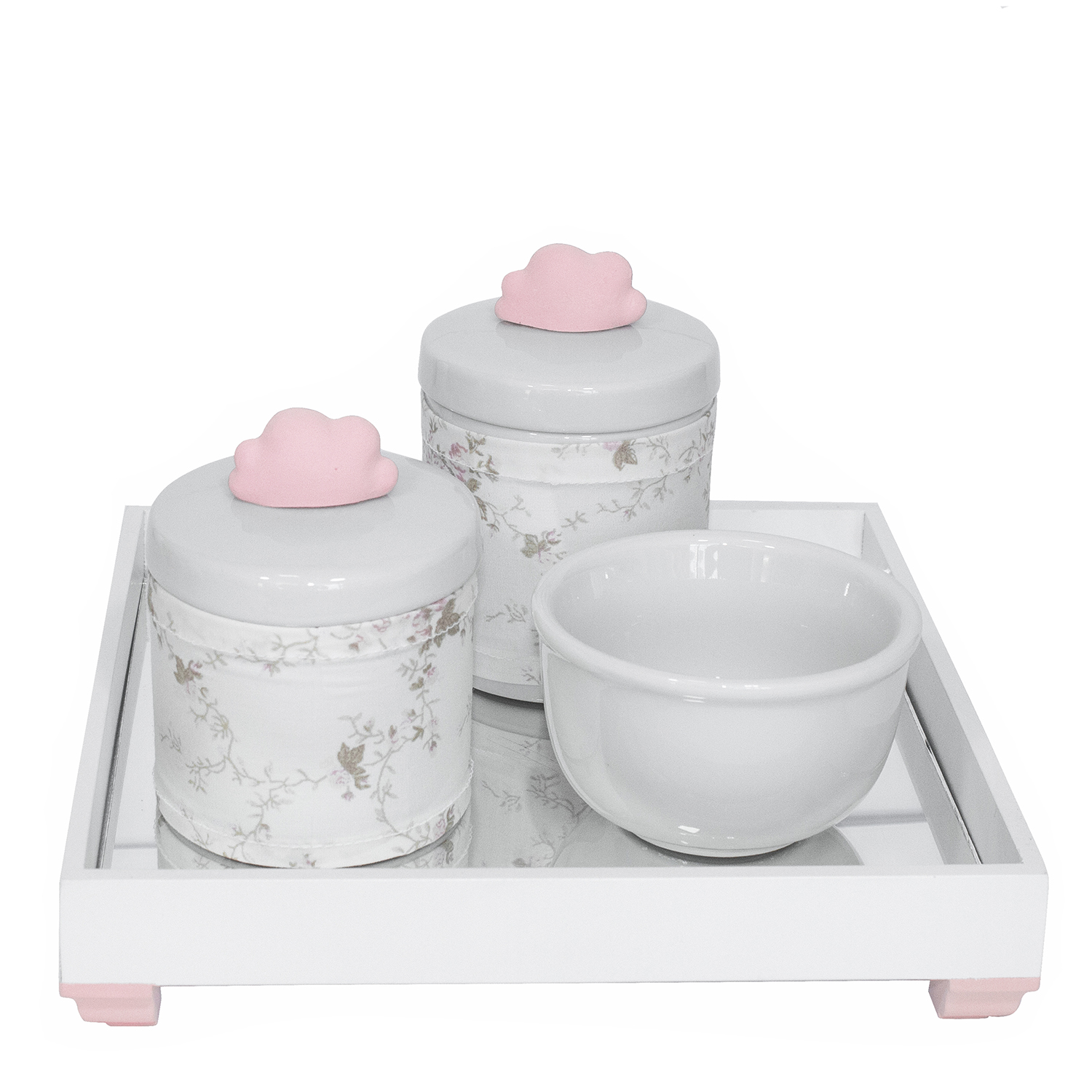 Kit Higiene Espelho Potes, Molhadeira e Capa Nuvem Rosa Quarto Bebê Menina