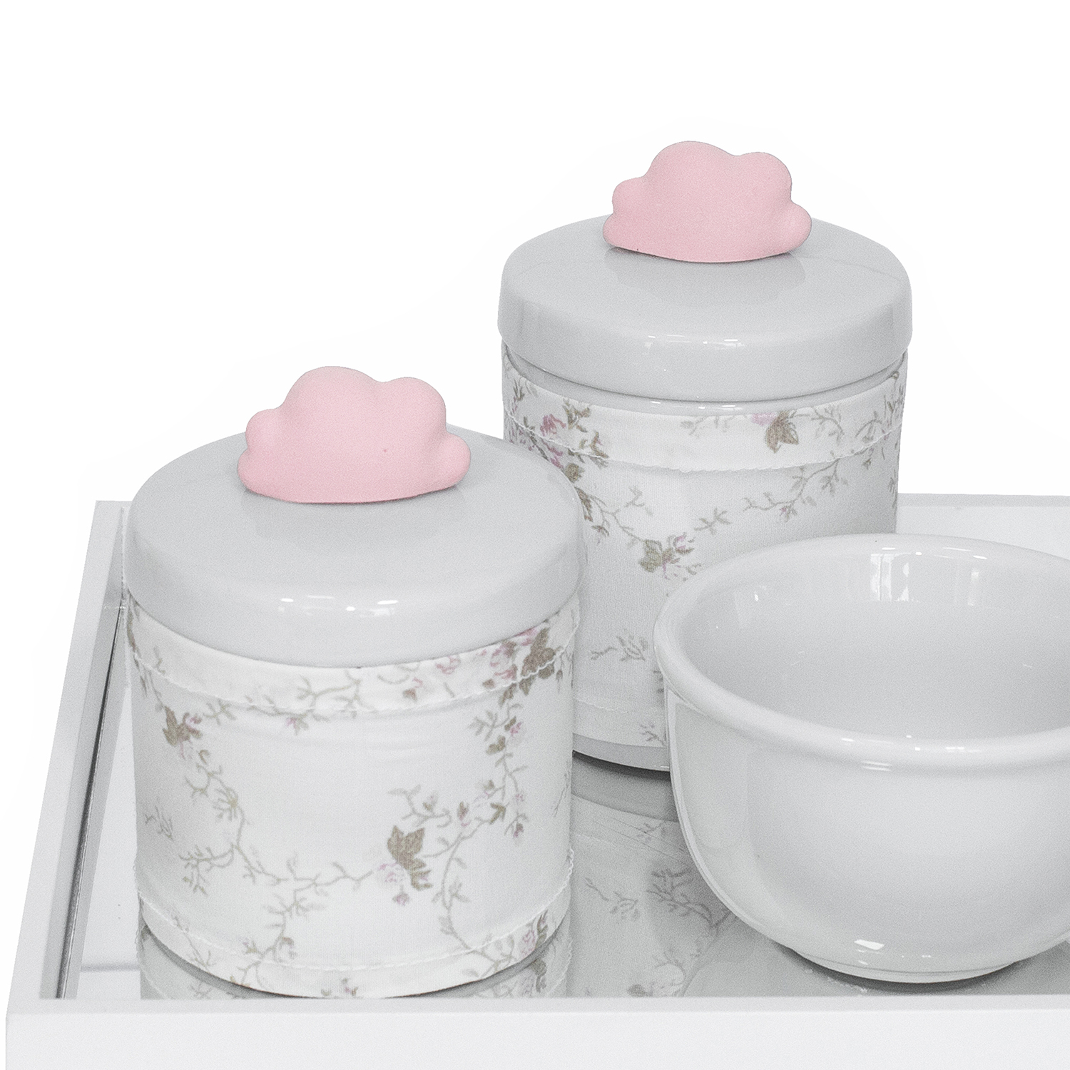 Kit Higiene Espelho Potes, Molhadeira e Capa Nuvem Rosa Quarto Bebê Menina